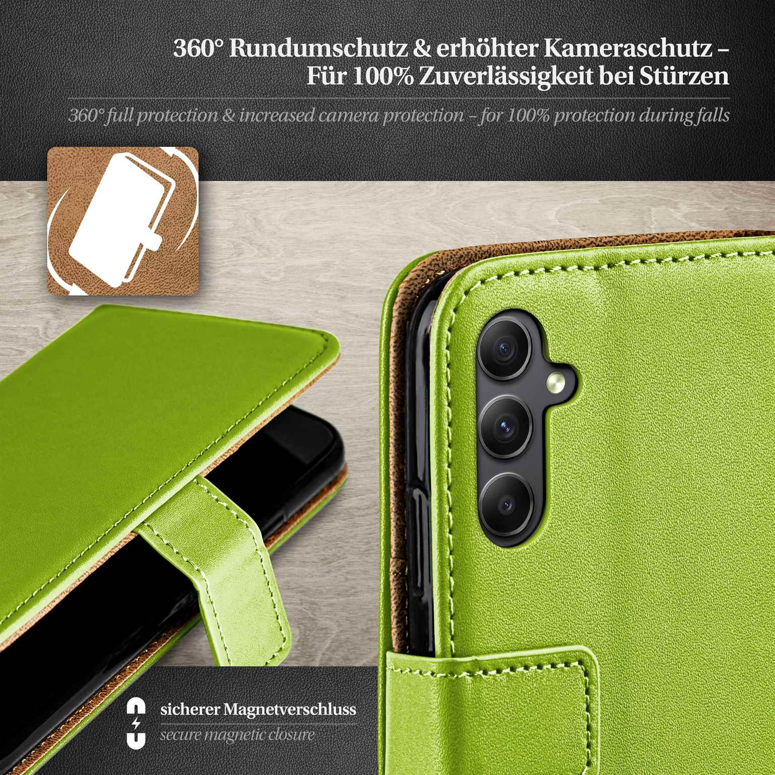 Grüne Handyhülle mit Telefon, sicherem Magnetverschluss, brauner Hintergrund.