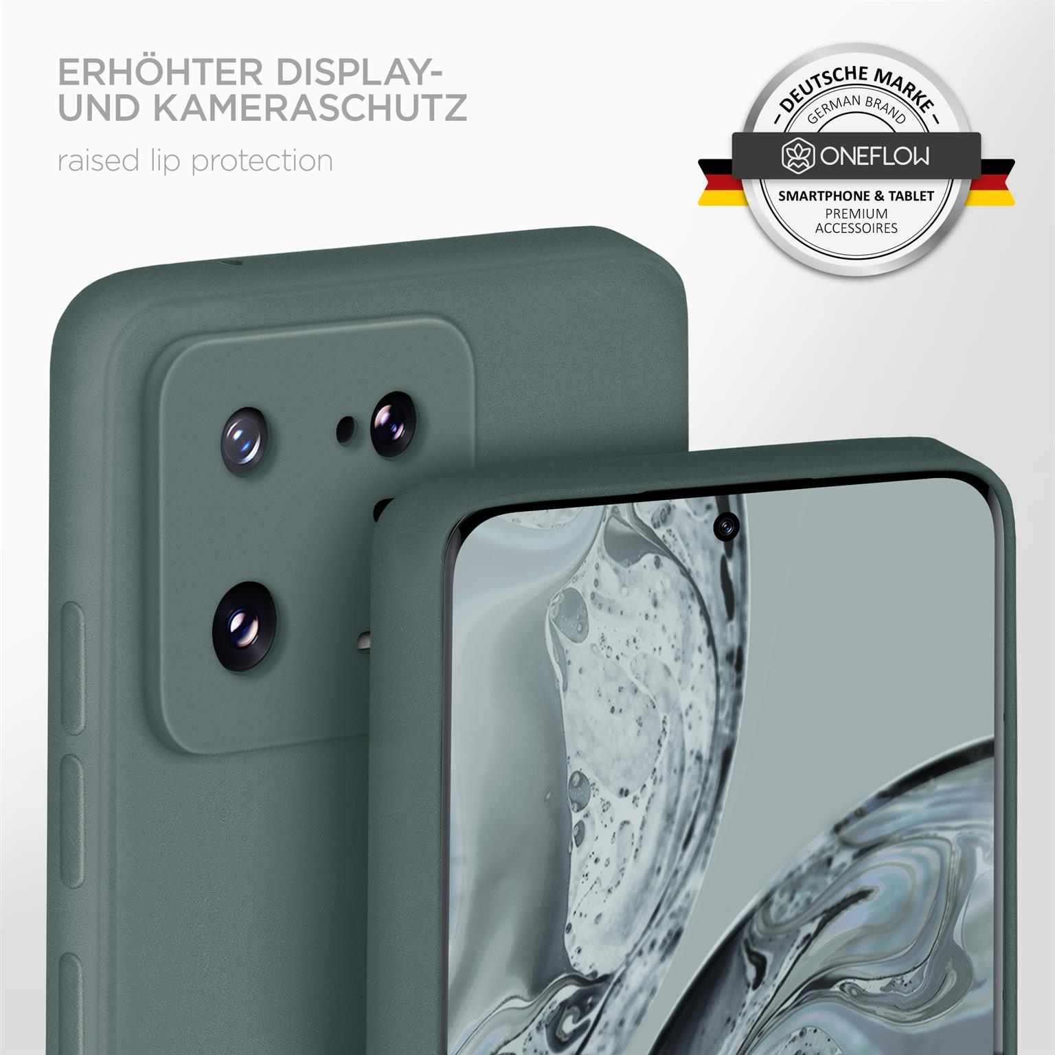 Eine petrolfarbene Handyhülle mit Telefon, Betonung Display- und Kameraschutz, mit deutschem Markenlogo.