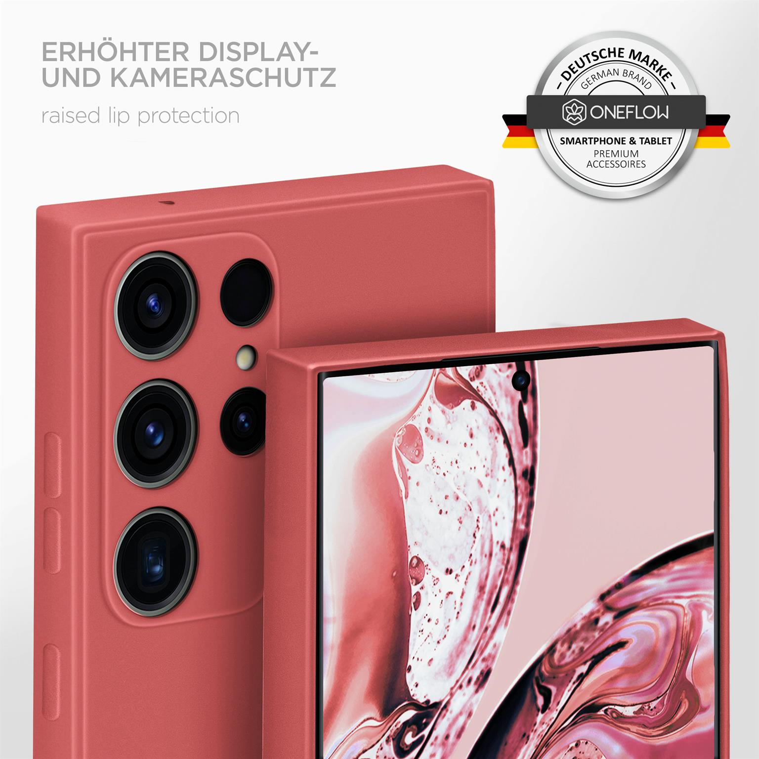Ein rosa Handy und eine Hülle, im Hintergrund ein Logo. Text sagt 'erhöhter Display- und Kameraschutz'.