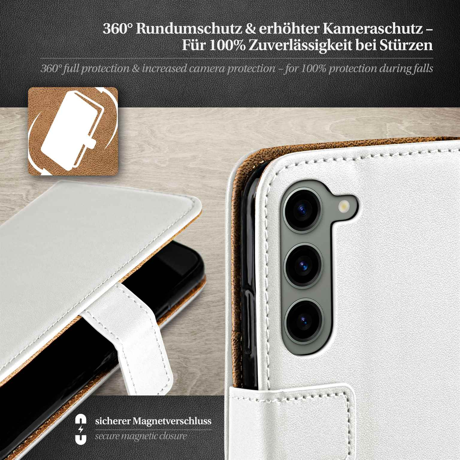 Geöffnete weiße Handyhülle, die das Telefon im Inneren zeigt. Text: 360° Schutz. Deutsches Markenlogo.