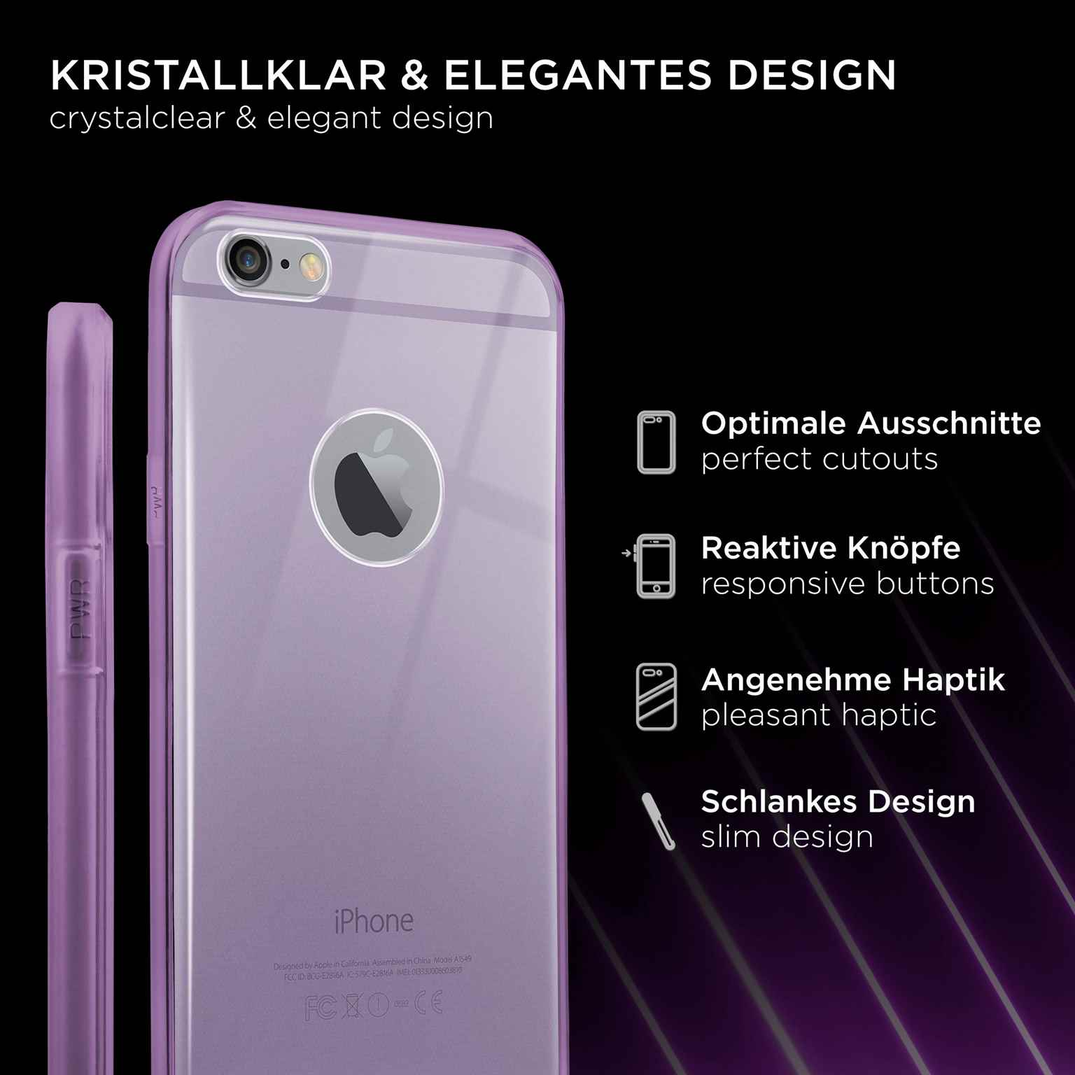 Eine transparente Handyhülle auf einem lila iPhone mit weißem Text rechts. Text: Ausschnitte, Tasten und Haptik.