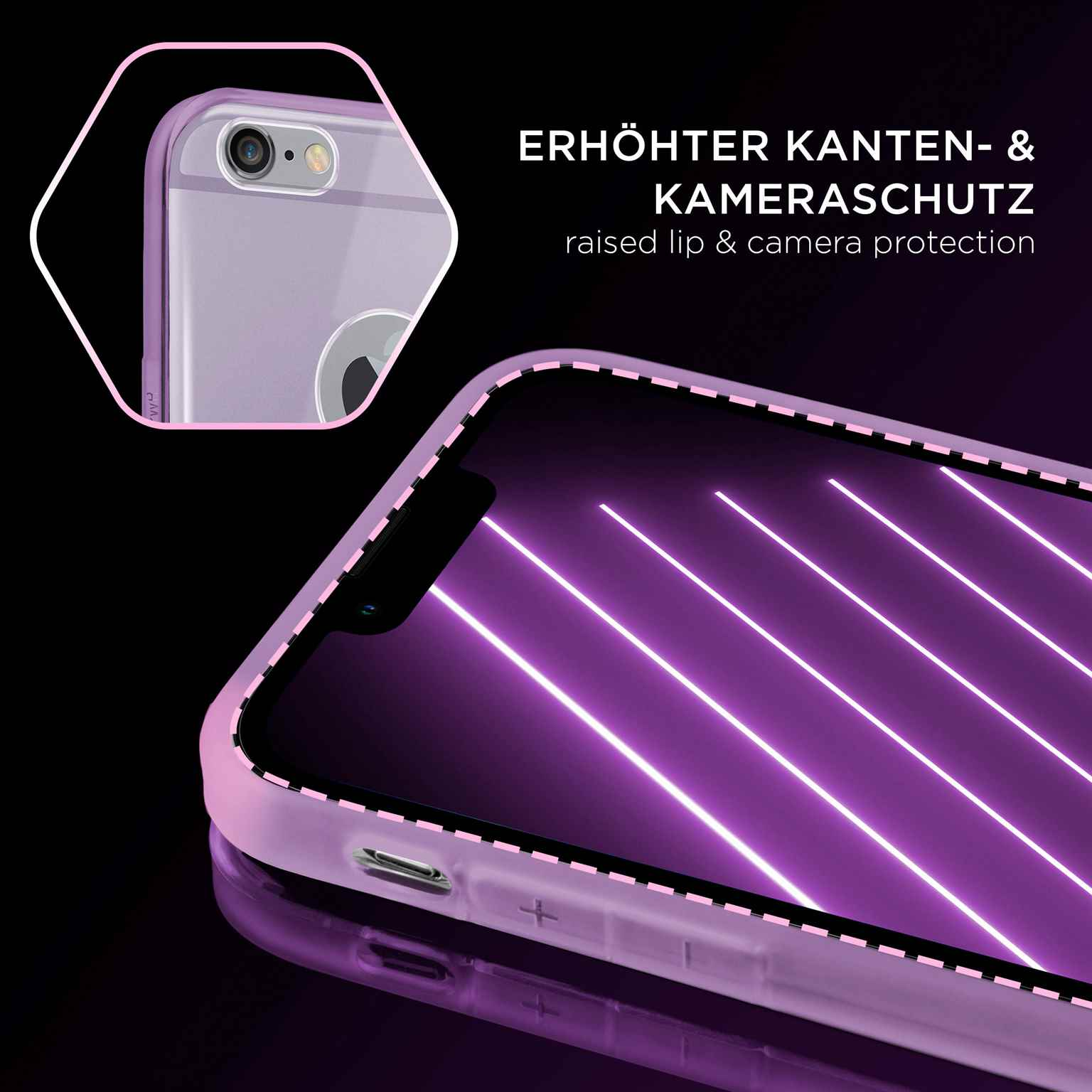 Telefon mit beleuchtetem Bildschirm in einer Hülle mit erhöhten Kanten.