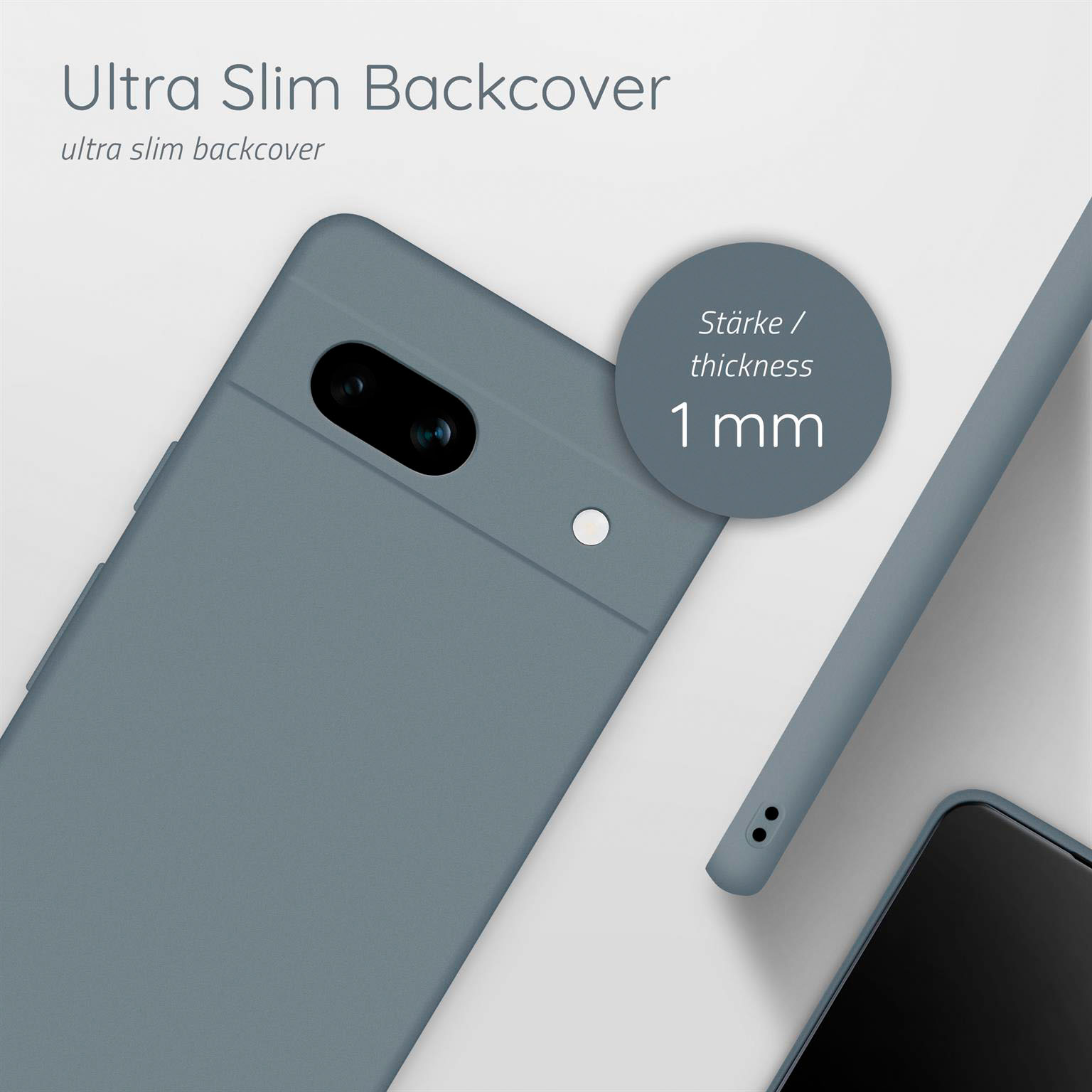 Eine graue Handyhülle mit einem schwarzen Kameraausschnitt. Dicke ist 1 mm. Text: Ultra Slim Backcover.