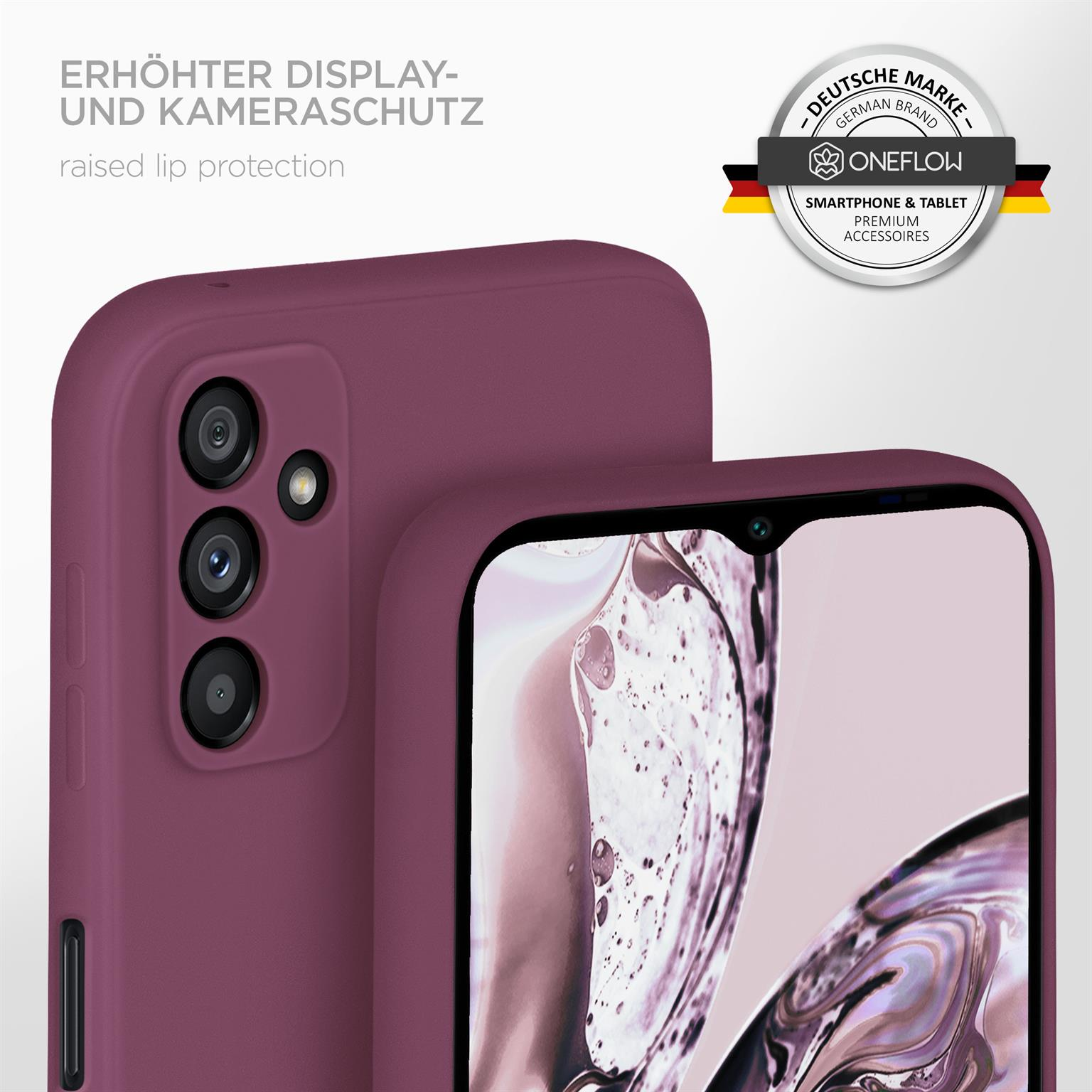 Zwei weinrote Handyhüllen mit OneFlow-Logo, eine hebt den Kameraschutz hervor.