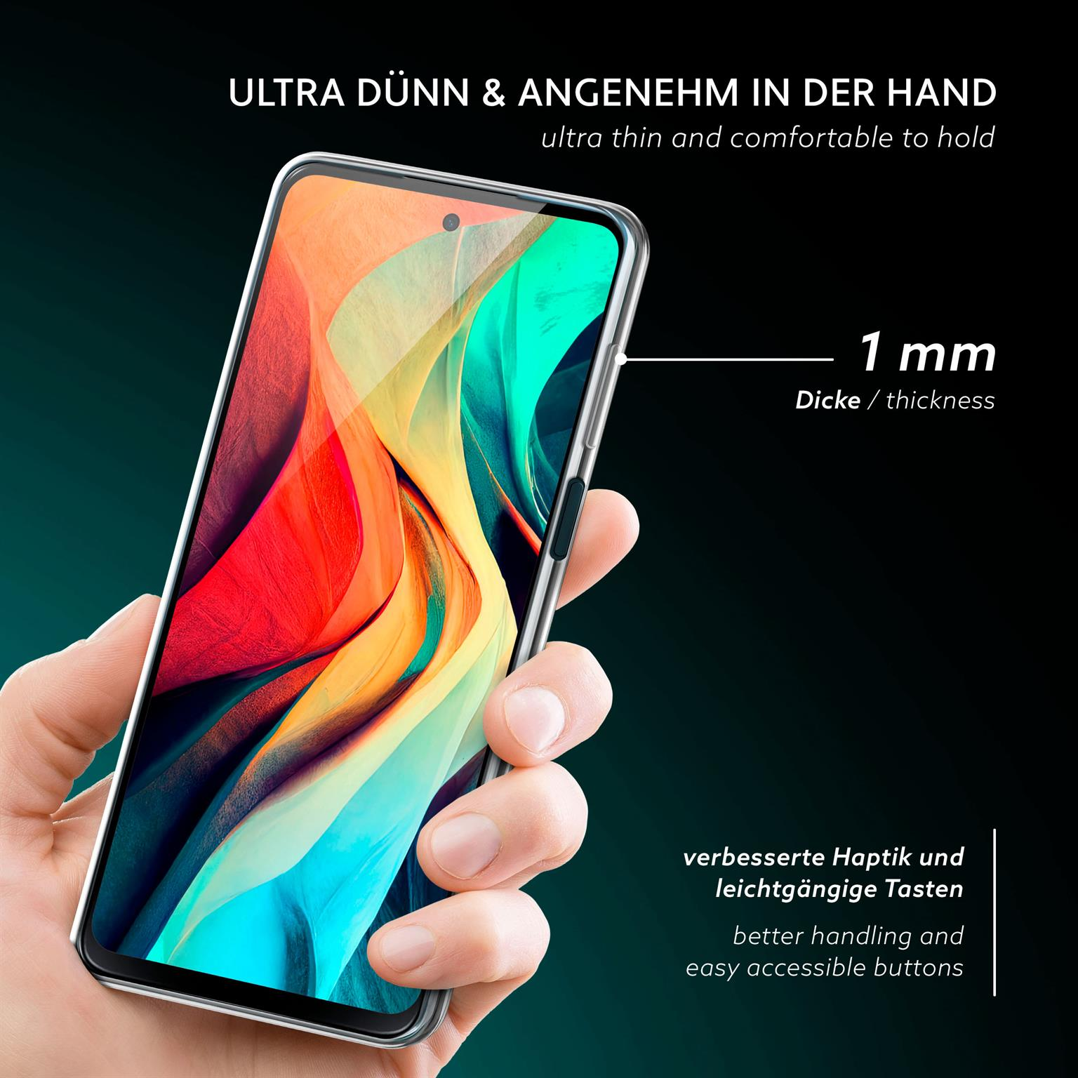 Hand hält transparente Handyhülle mit Telefon, mit 1 mm Dicke.