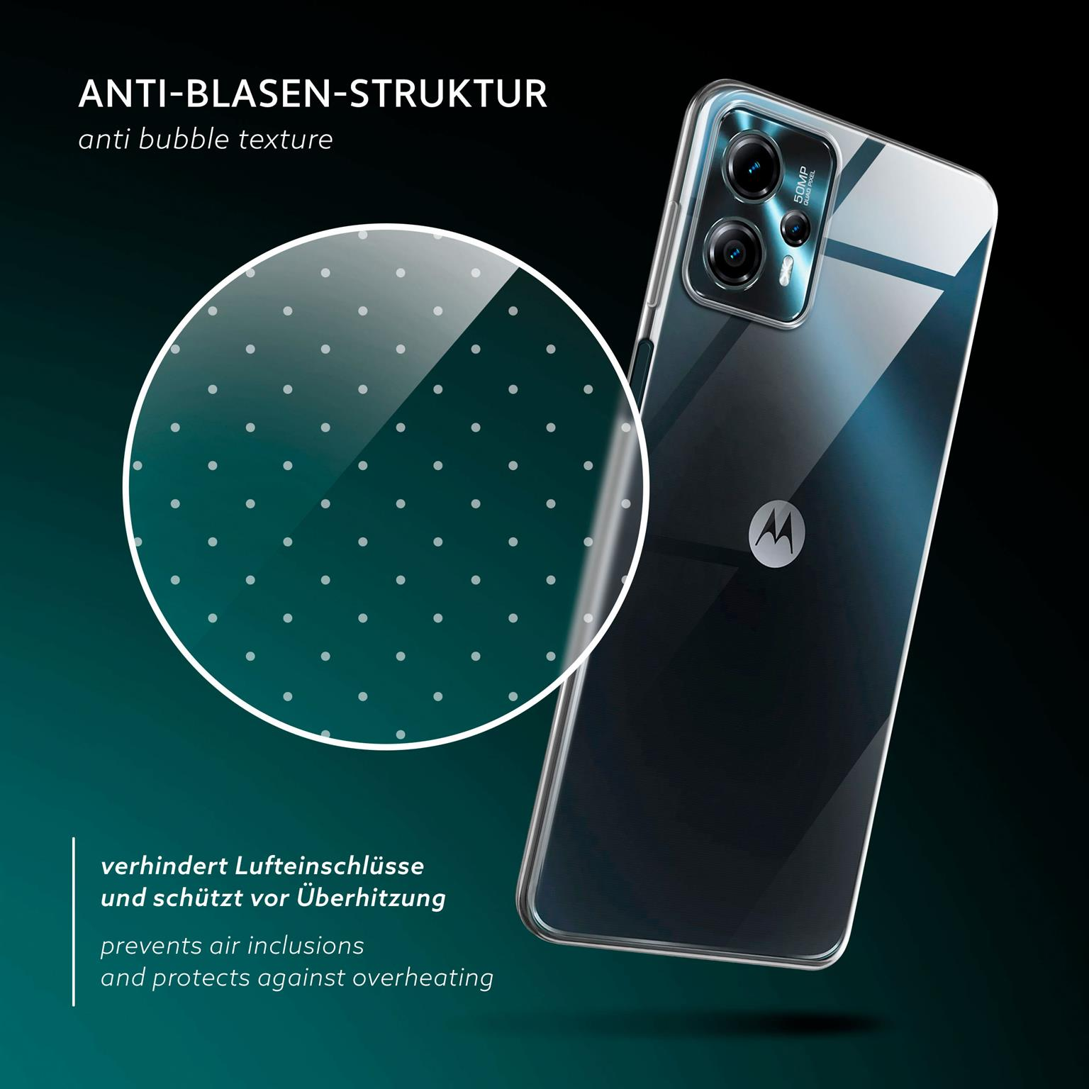 Telefon mit klarer Hülle, zeigt Anti-Blasen-Textur und Kamerafunktionen.
