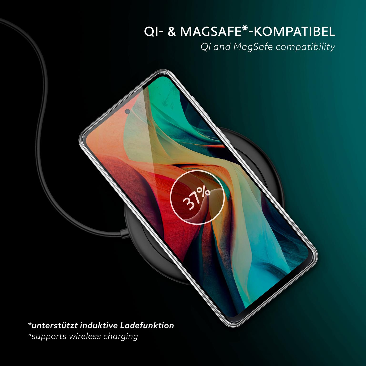 Telefon auf kabellosem Ladegerät, zeigt 37% Ladung. Transparente Hülle. Dunkelgrüner Hintergrund mit Text.