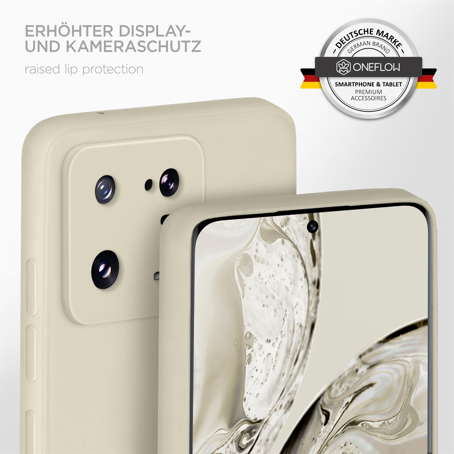 Zwei Telefone in beigefarbenen Hüllen. Text 'erhöhter Displayschutz' und Markenlogo sind sichtbar.