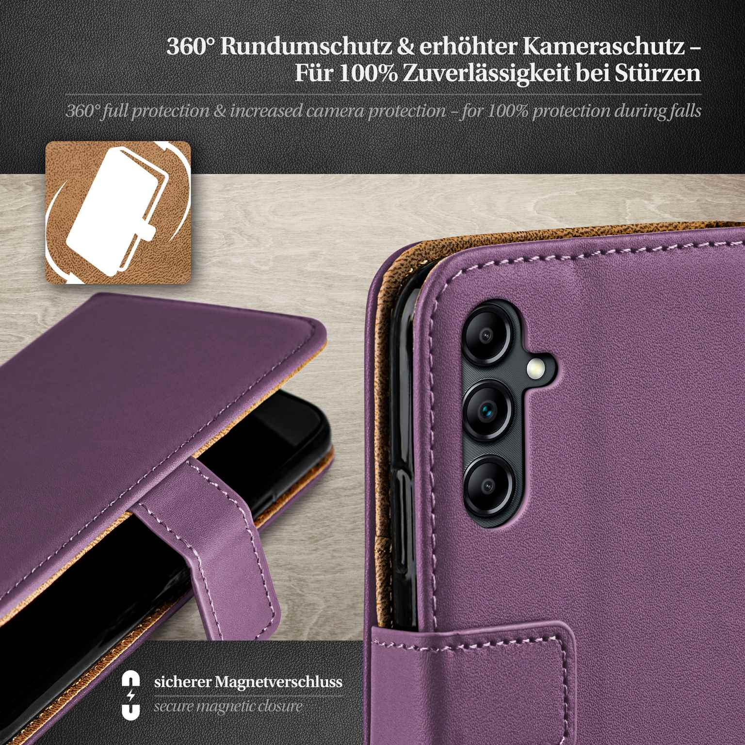 Lila Handyhülle mit Magnetverschluss, Telefon innen. Weißer Hintergrund.