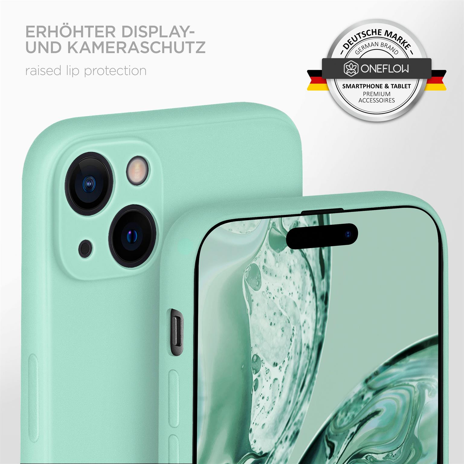Grüne Handyhülle mit sichtbarem Telefonbildschirm. Markenlogo und Text im Hintergrund.
