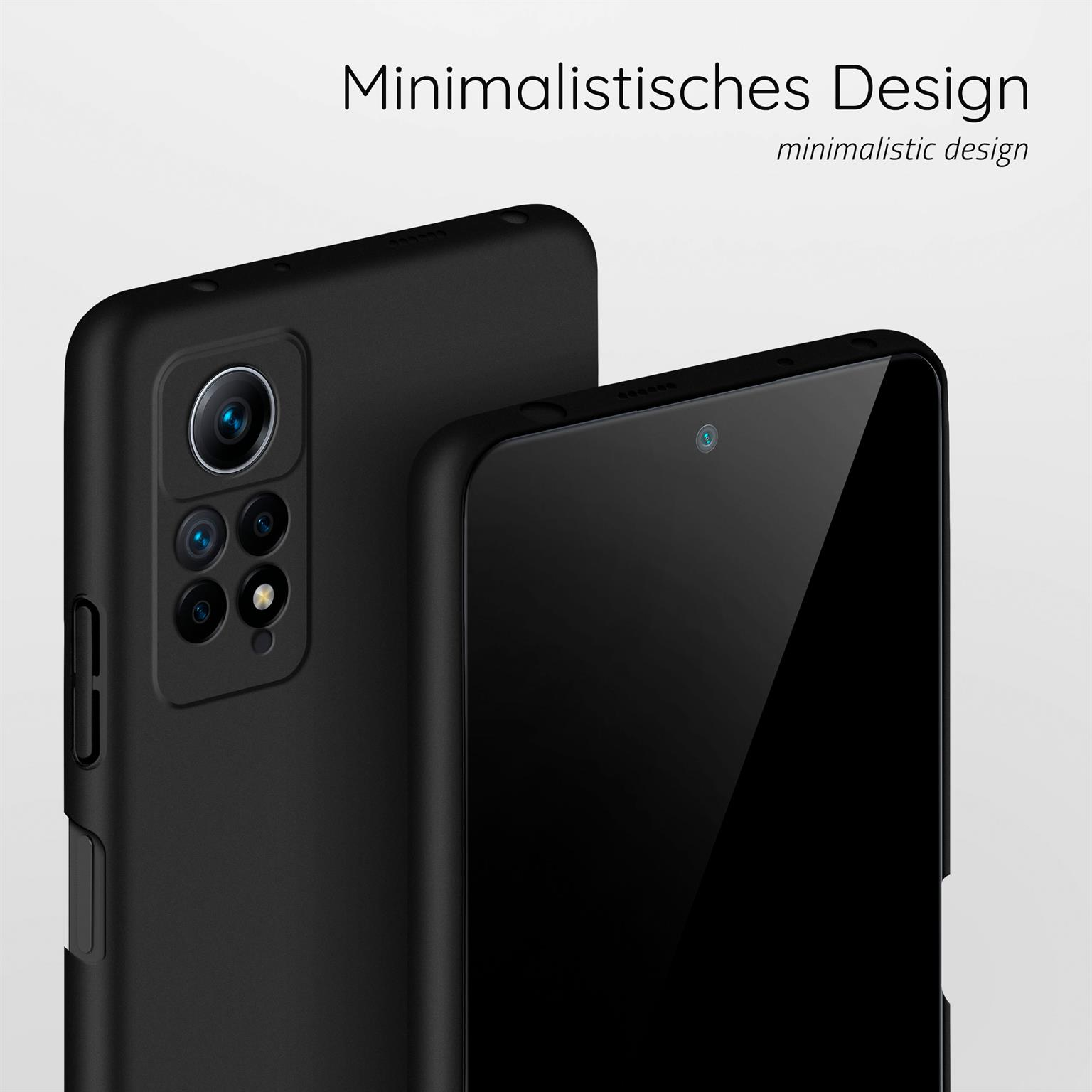 Zwei schwarze Telefone. Text: minimalistisches Design. Ein Telefon hat eine Kameraerhöhung. Heller Hintergrund.