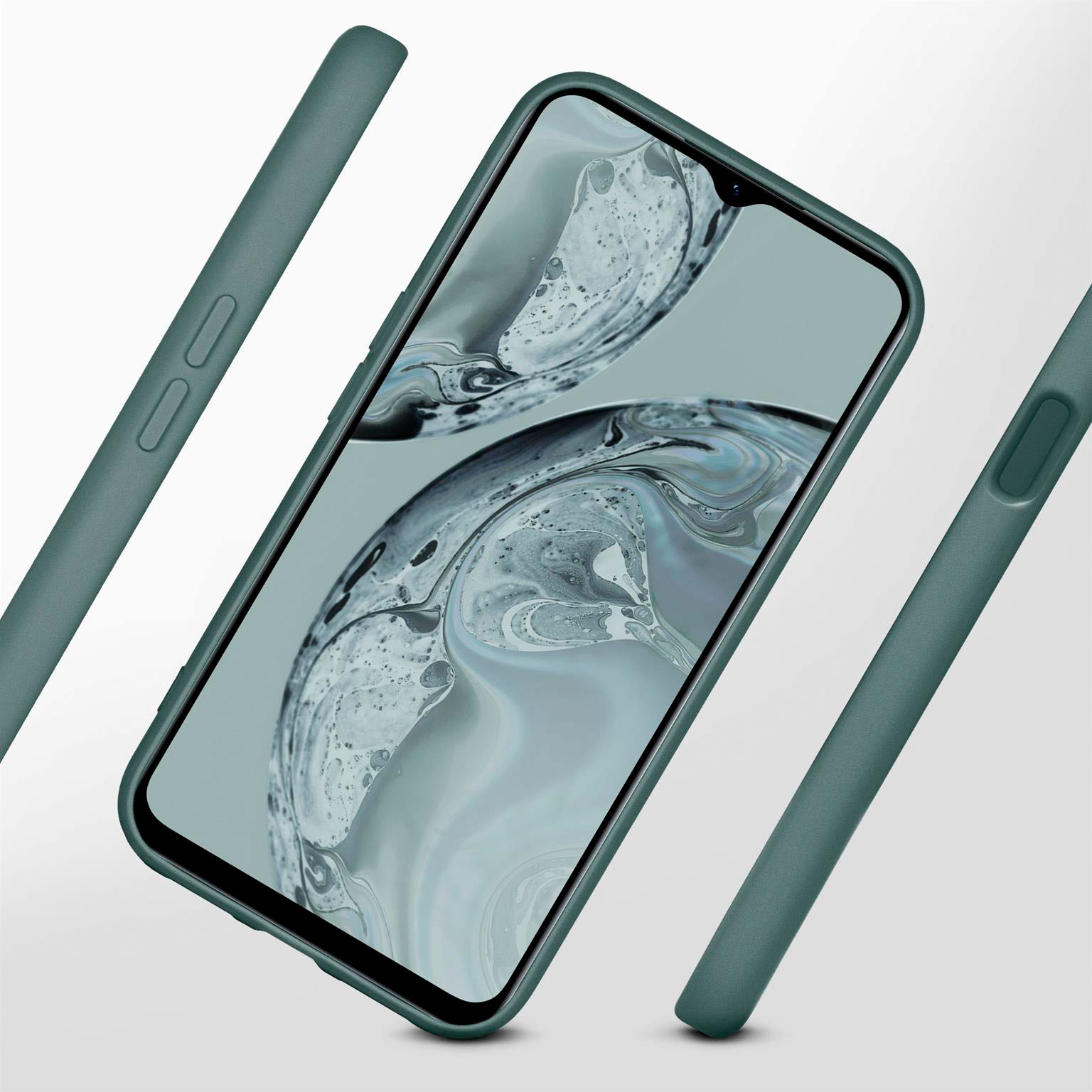 Telefon in teal-farbener Hülle. Drei Teile der Hülle um das Telefon herum gezeigt.