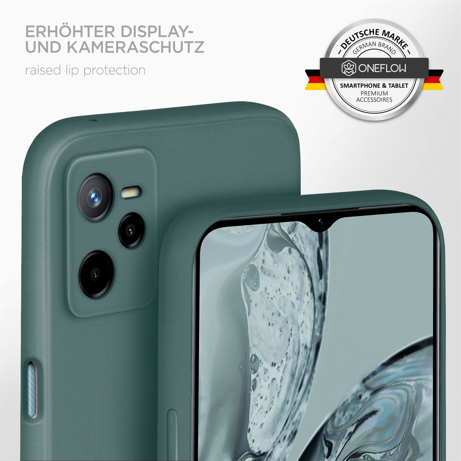 Grüne Handyhülle mit Telefon, mit erhöhtem Displayschutz.