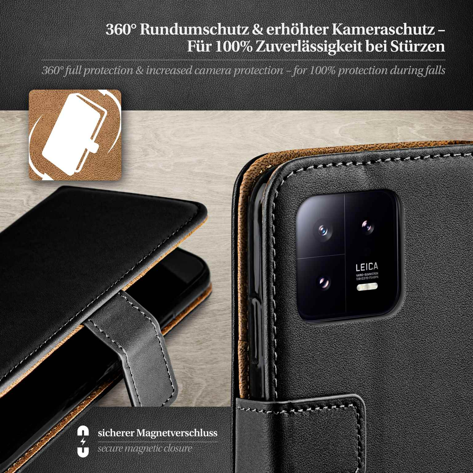 Schwarze Handyhülle mit Lederstruktur. Text: 360° Schutz & erhöhter Kameraschutz.