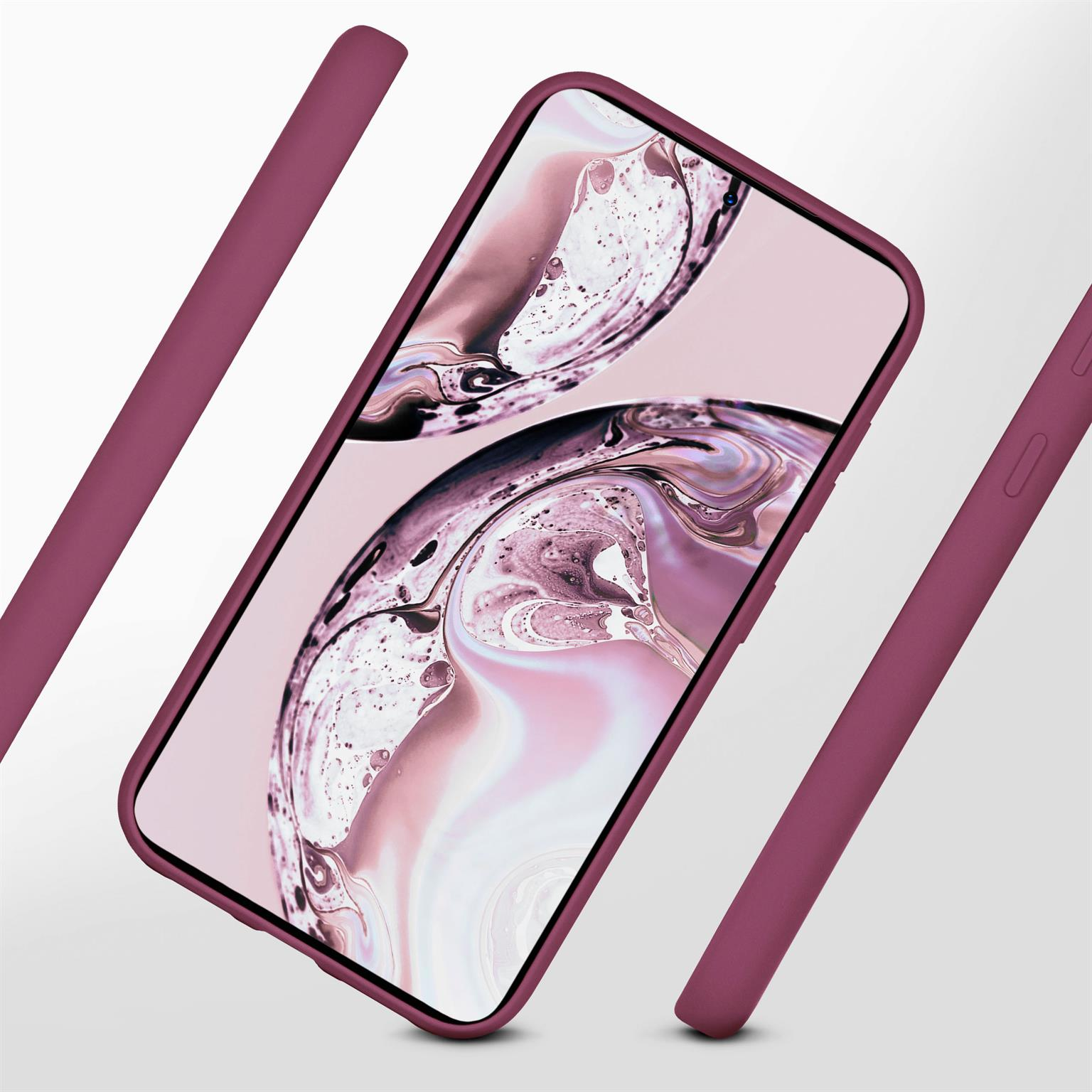 Lila Handyhülle, abgewinkelt, mit sichtbarem Telefonbildschirm und Zubehör. Weißer Hintergrund.