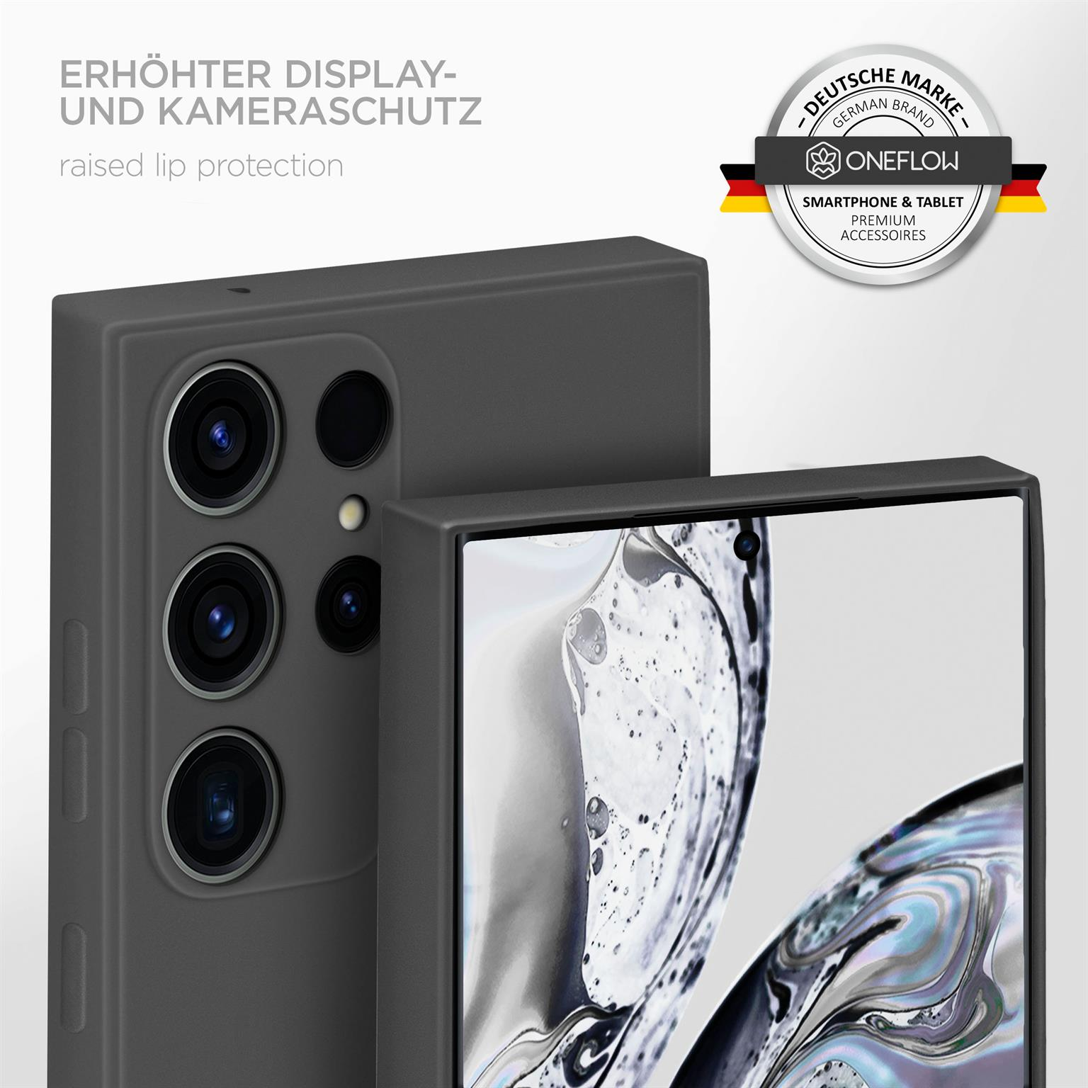 Zwei graue Handyhüllen mit OneFlow-Logo, eine hebt den Displayschutz hervor.