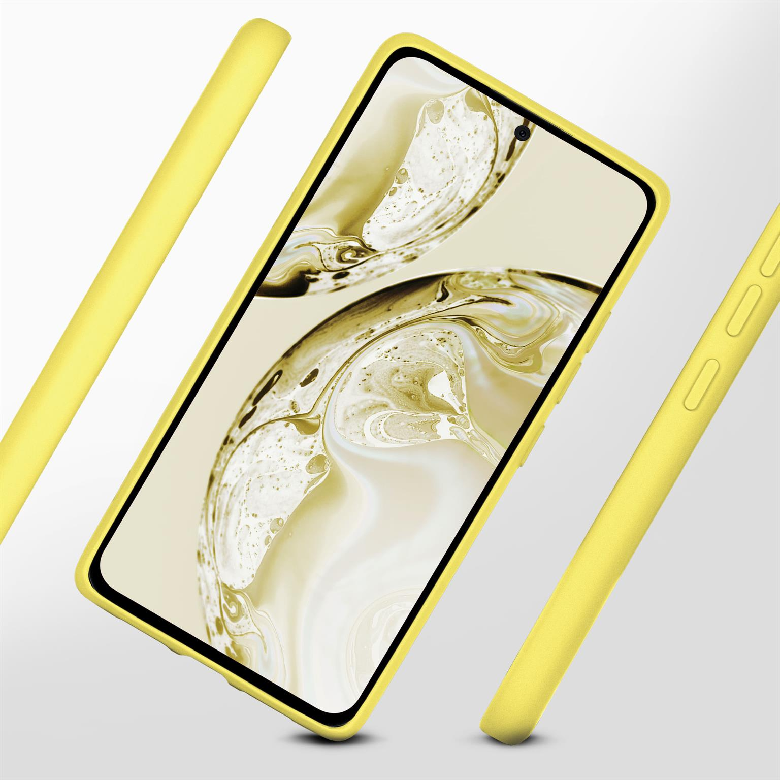 Eine gelbe Handyhülle mit einem Telefon im Inneren wird dargestellt. Zwei gebogene gelbe Stücke sind an beiden Seiten.