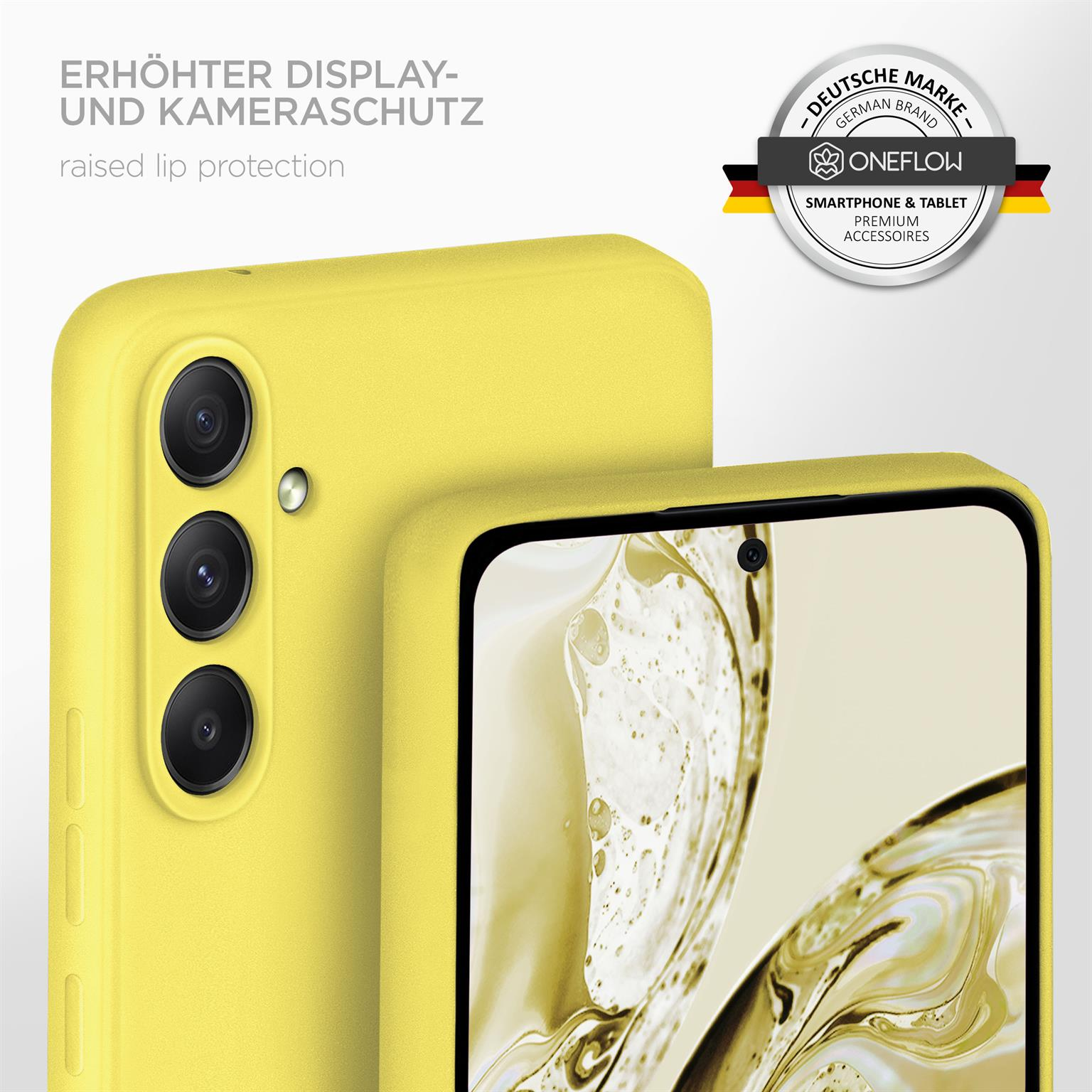 Gelbe Handyhülle mit Telefon darin, Kameraschutz wird gezeigt, Logo an der Seite.