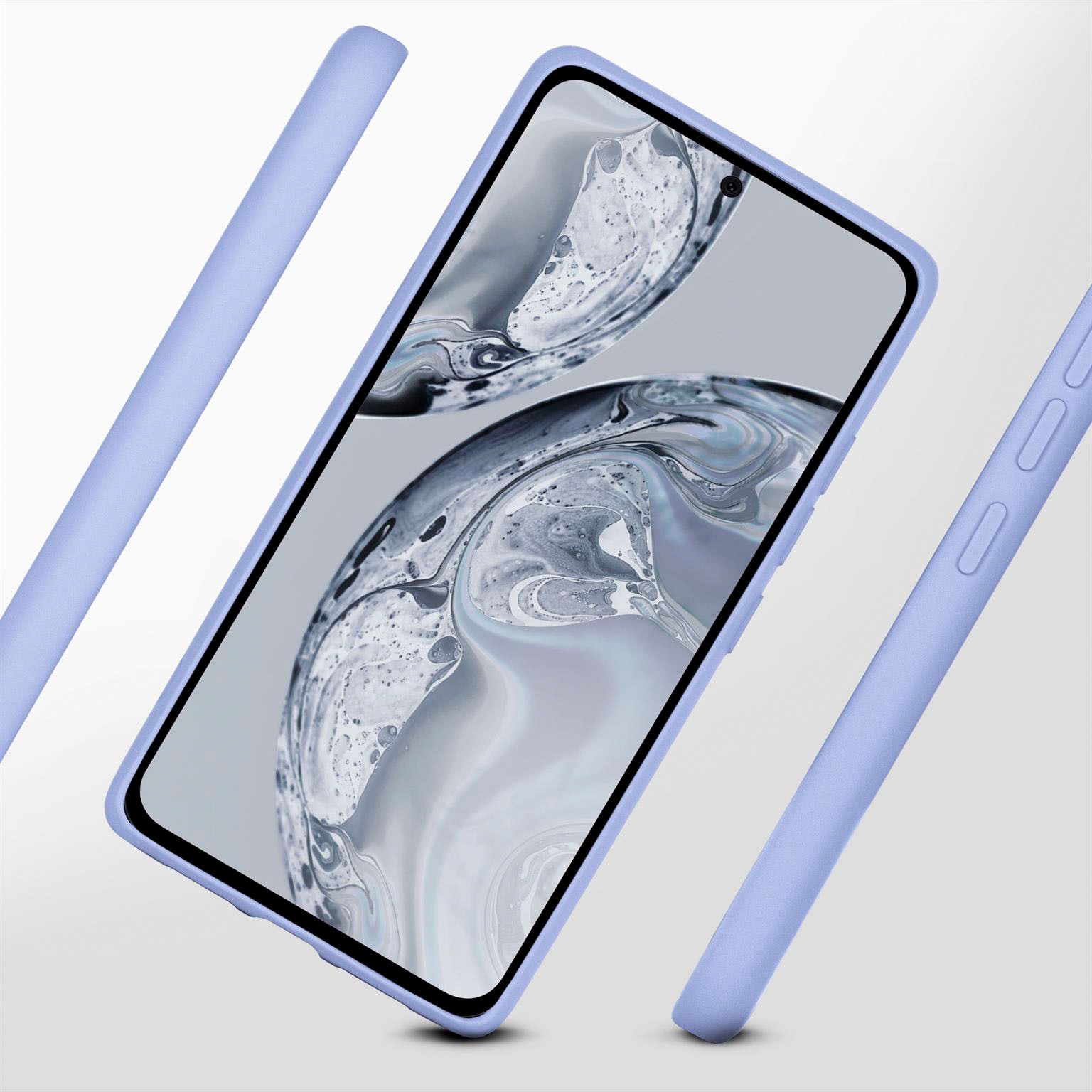 Ein Telefon in einer hellblauen Hülle. Eine Handyhülle wird in drei Winkeln gezeigt. Das Telefon hat einen Bildschirm.