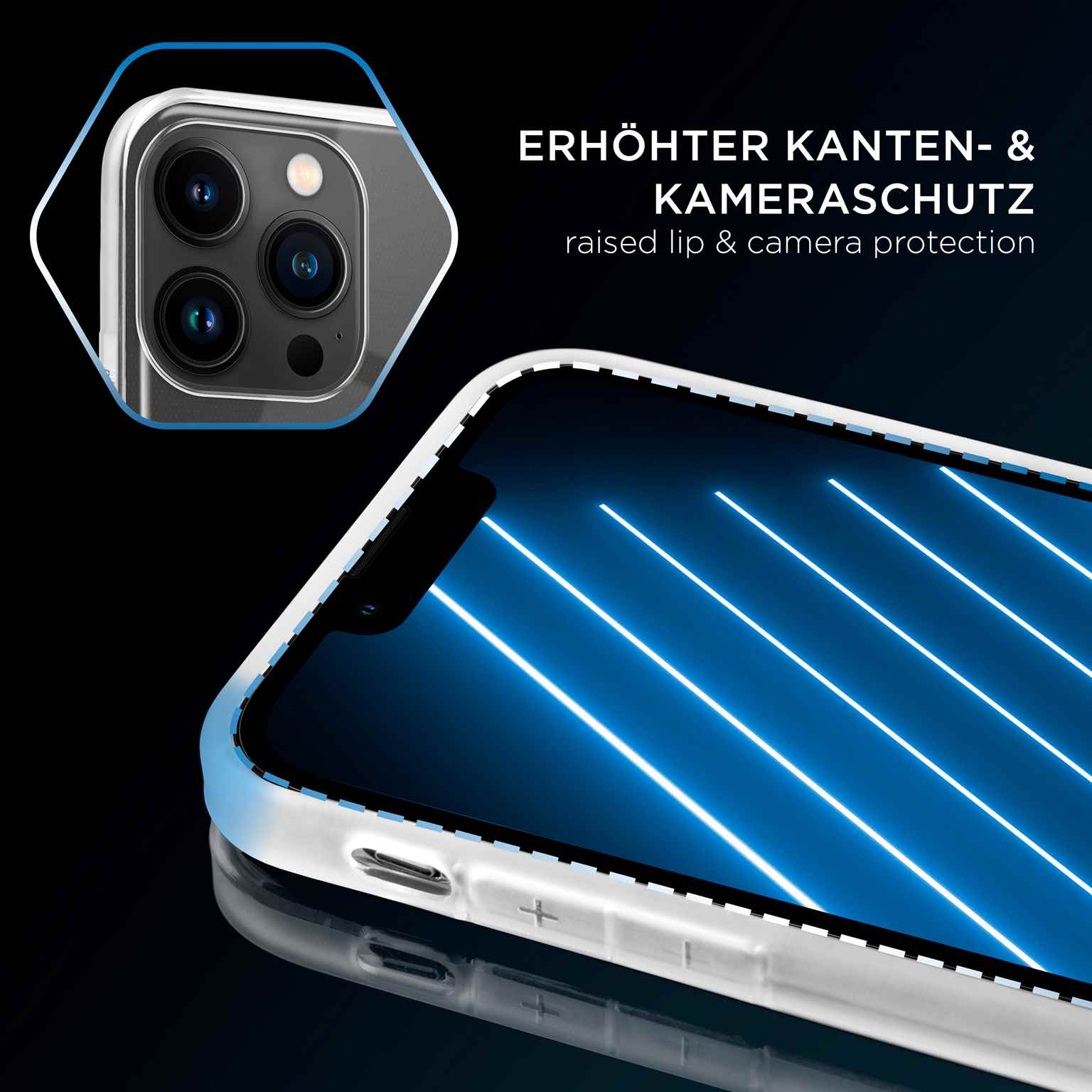 Handyhülle zeigt Kameralinse, mit Text: erhöhter Kanten- & Kameraschutz.