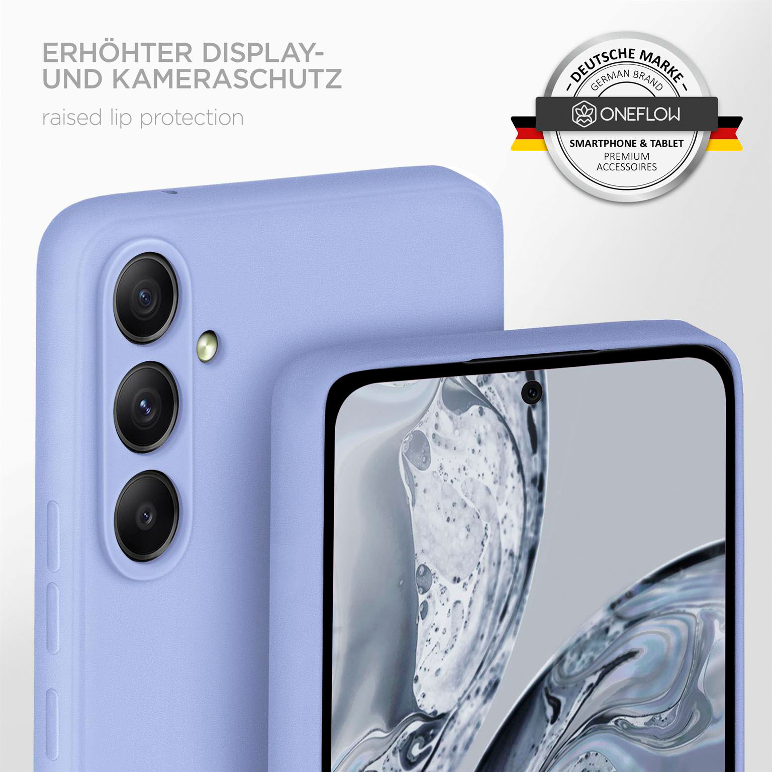 Eine Handyhülle mit einem Telefon darin. Die Hülle ist helllila und hat ein Logo auf der Rückseite.
