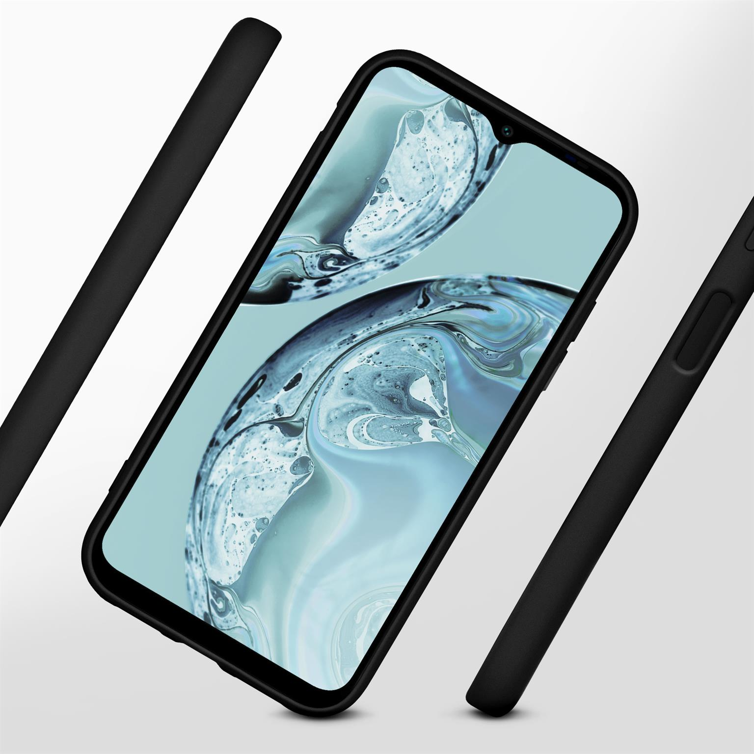 Schwarzes Telefon mit schwarzer Hülle. Zwei schwarze Balken an den Seiten. Weißer Hintergrund.
