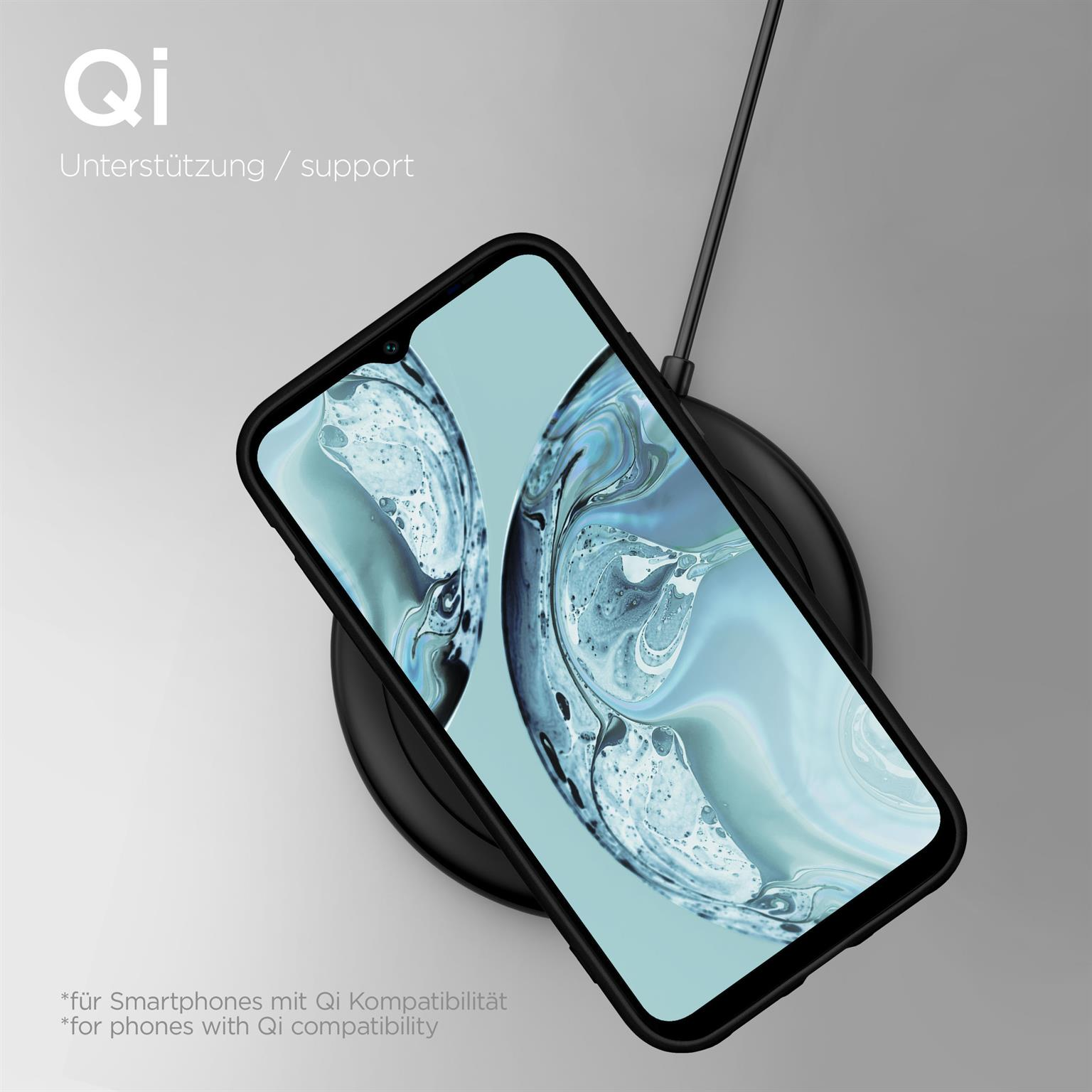 Telefon auf kabellosem Ladegerät. Text: Qi-Unterstützung. Der Bildschirm zeigt Wassertextur. Heller Hintergrund.