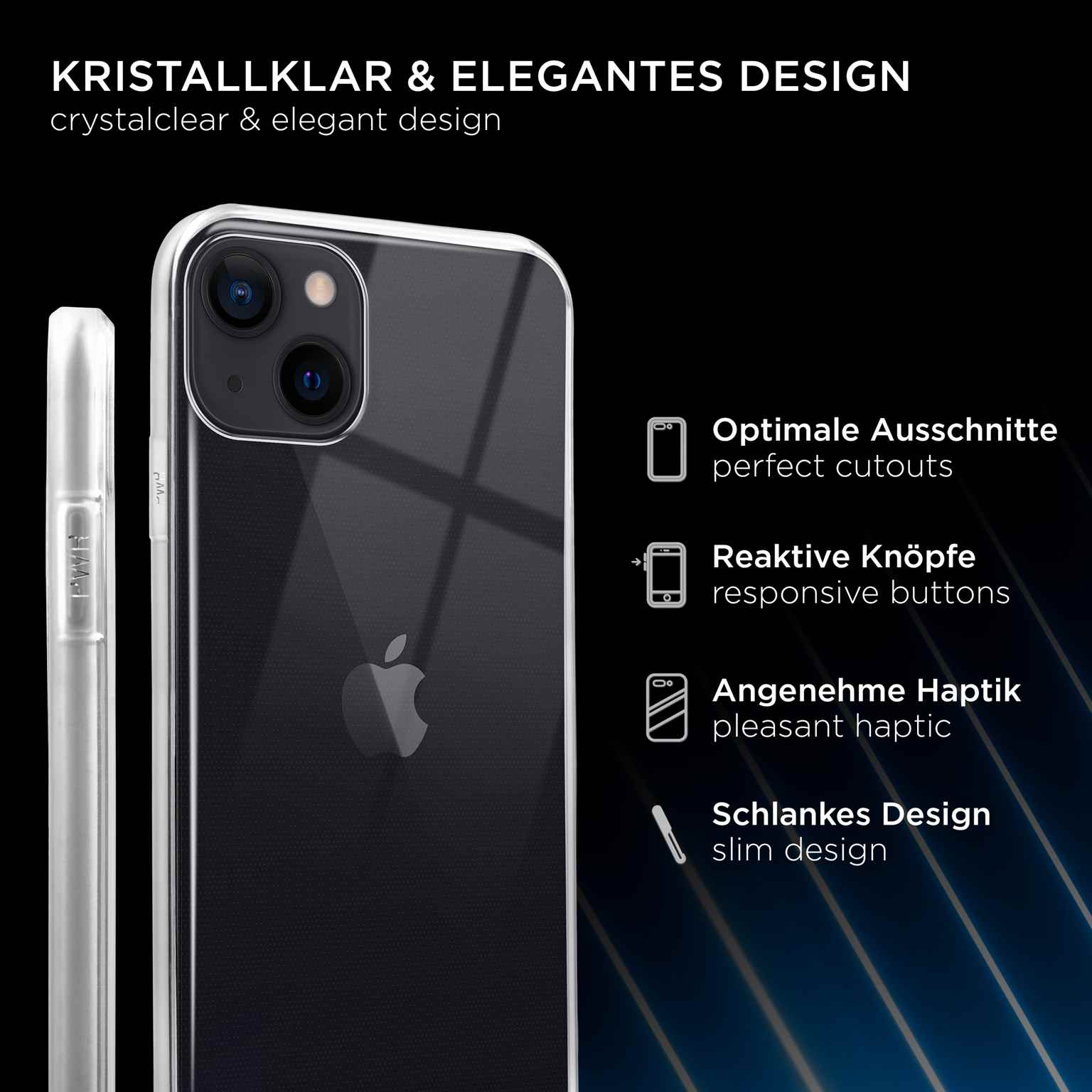 Transparente Handyhülle auf Telefon, mit Aussparungen, Tasten und schlankem Design.