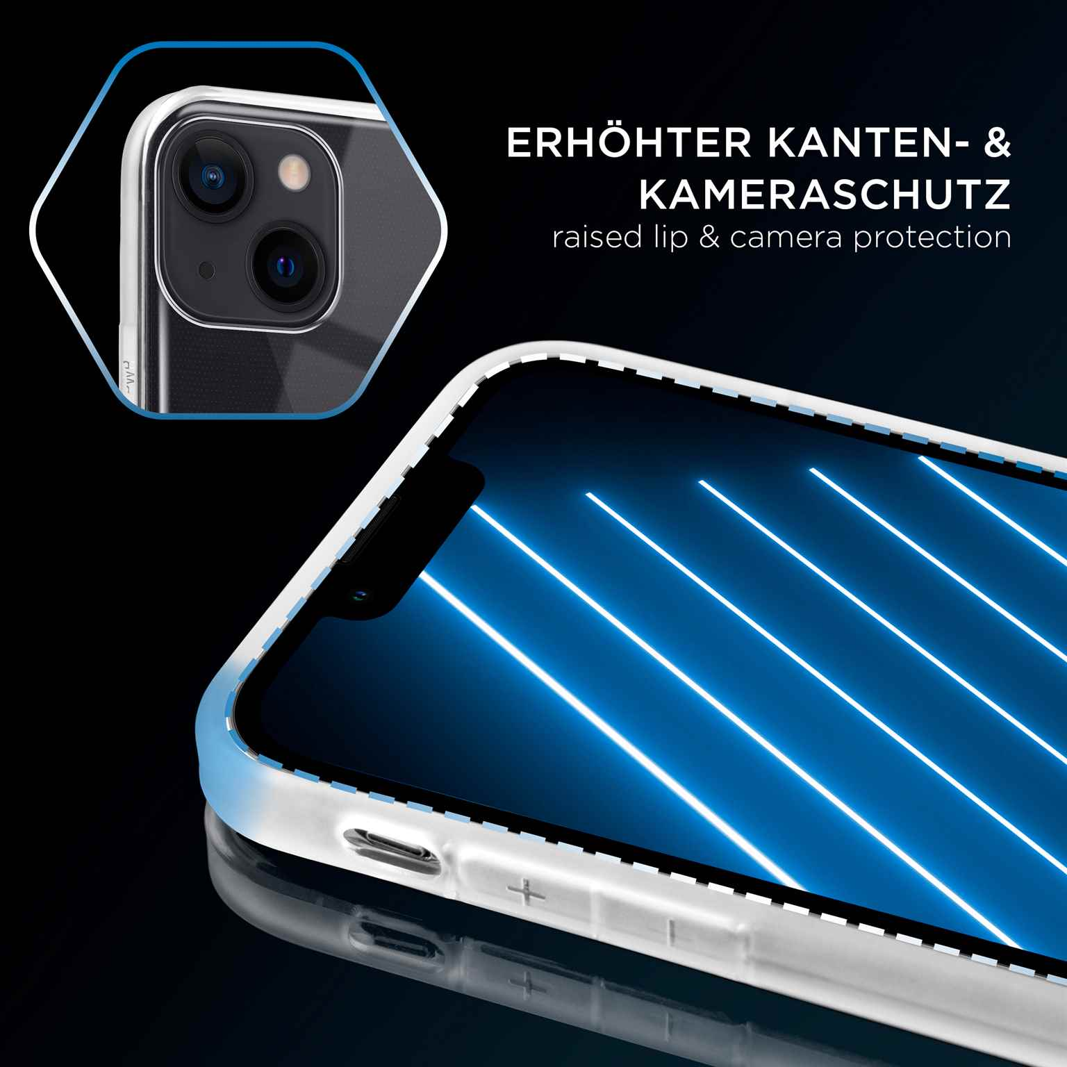 Transparente Handyhülle mit Telefon. Die Hülle schützt den Kamerabereich.