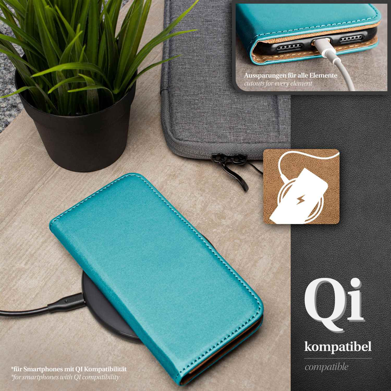 Türkisfarbene Handyhülle auf kabellosem Ladegerät. Blumentopf, Ladeanschlussdetail und Qi-Logo sind sichtbar.