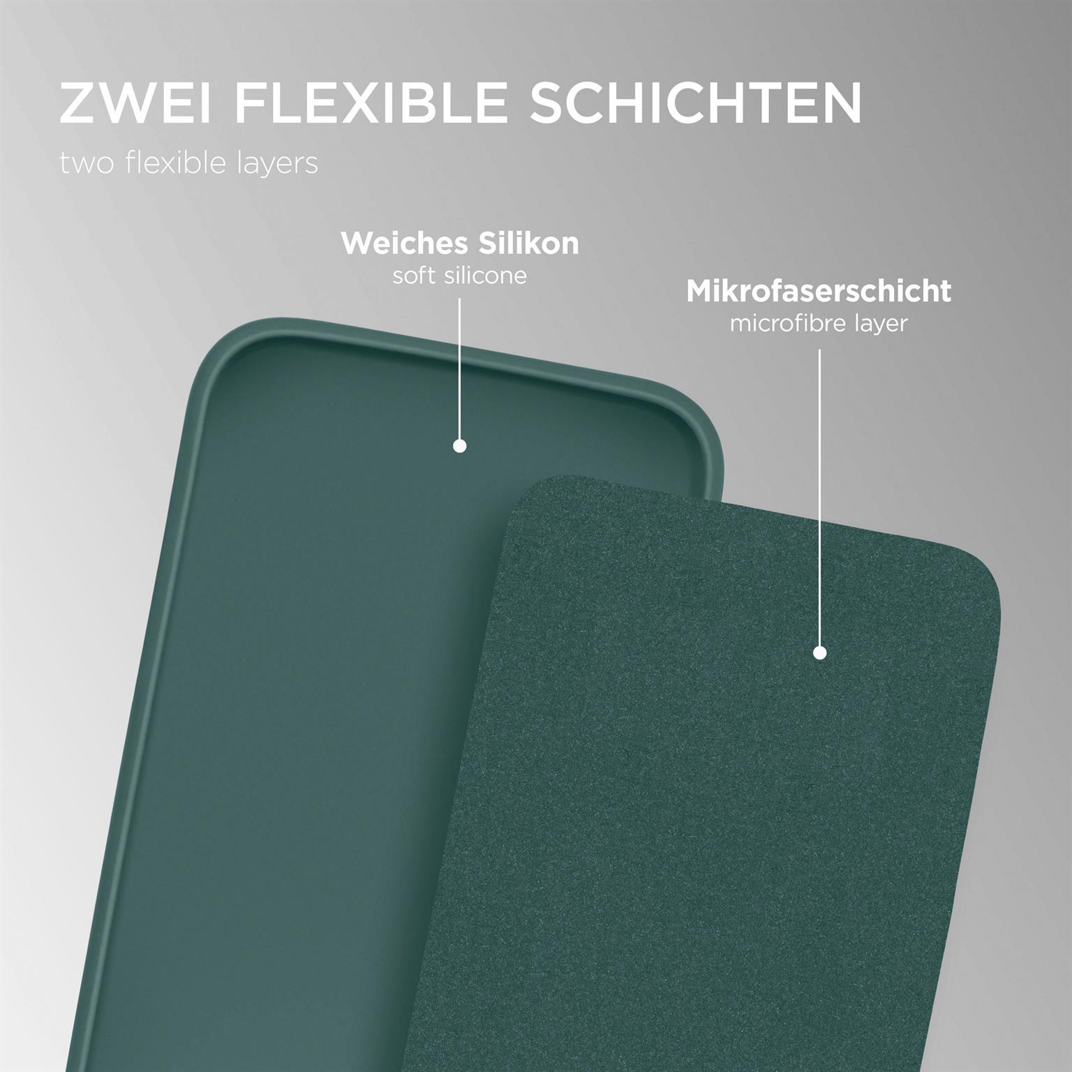 Zwei flexible Schichten einer Handyhülle in Dunkelgrün. Eine ist weiches Silikon, die andere eine Mikrofaserschicht.