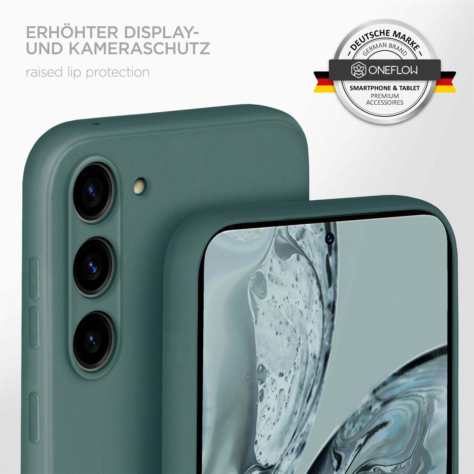 Ein Telefon in einer grünen Hülle mit erhöhten Kanten. Ein Markenlogo ist sichtbar. Das Telefon ist grün. Der Hintergrund ist grau.