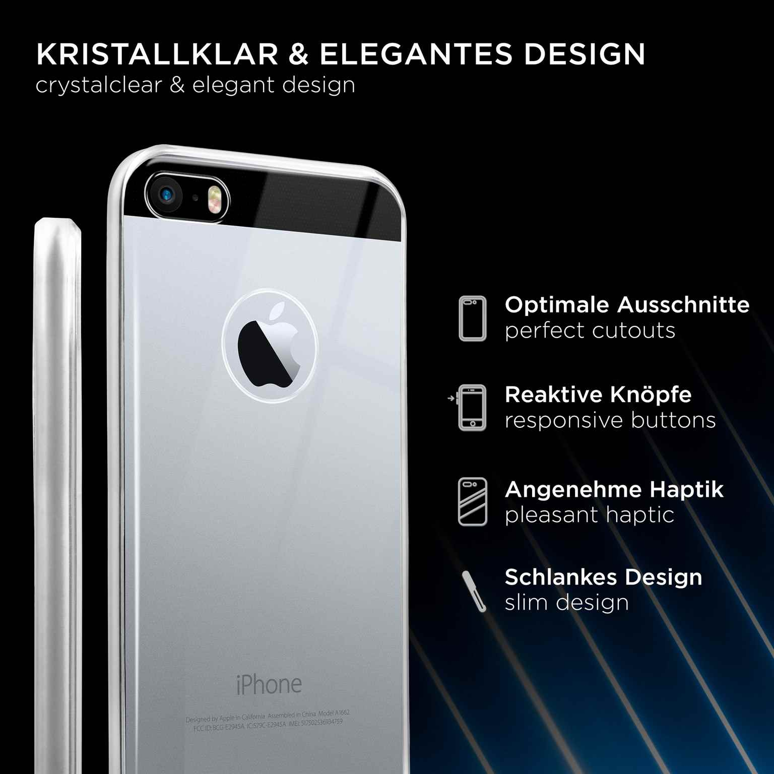 Ein silbernes iPhone wird mit einer transparenten Hülle und Text mit perfekten Aussparungen gezeigt.