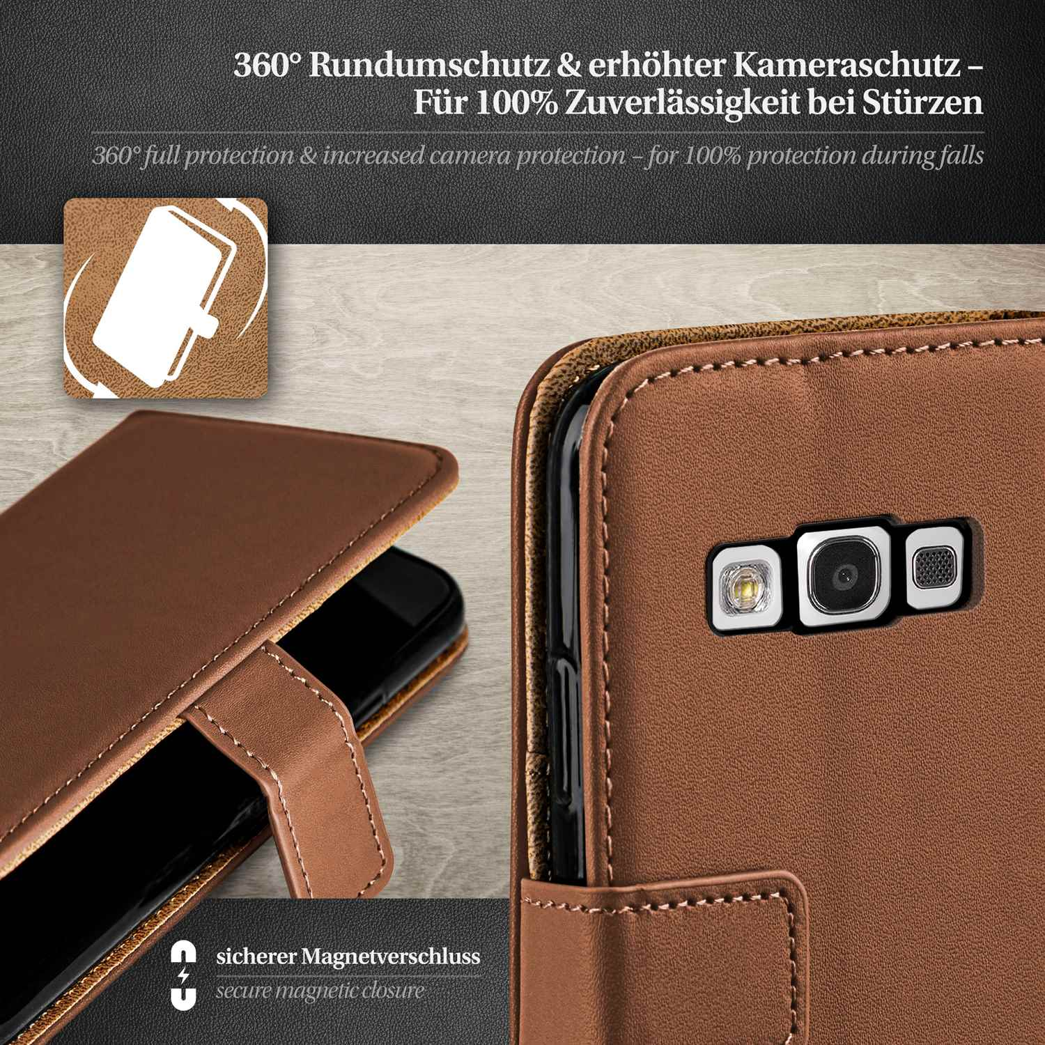 Braune Handyhülle mit Telefon. Nahaufnahme des Kamerabereichs und des Bildschirms des Telefons.