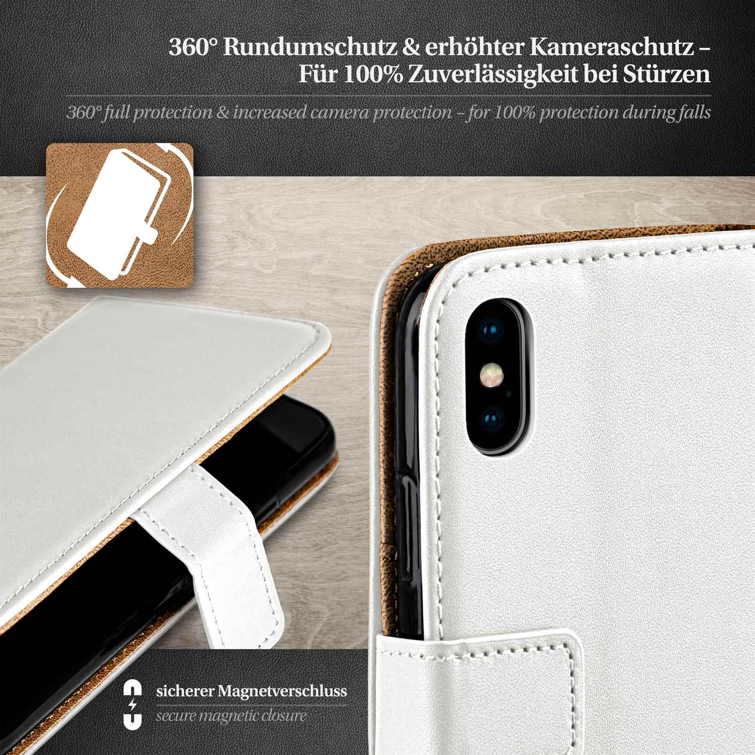 Weißes Handycase mit Telefon im Inneren, Nahaufnahme. Texte auf Deutsch. Sicherer Magnetverschluss.