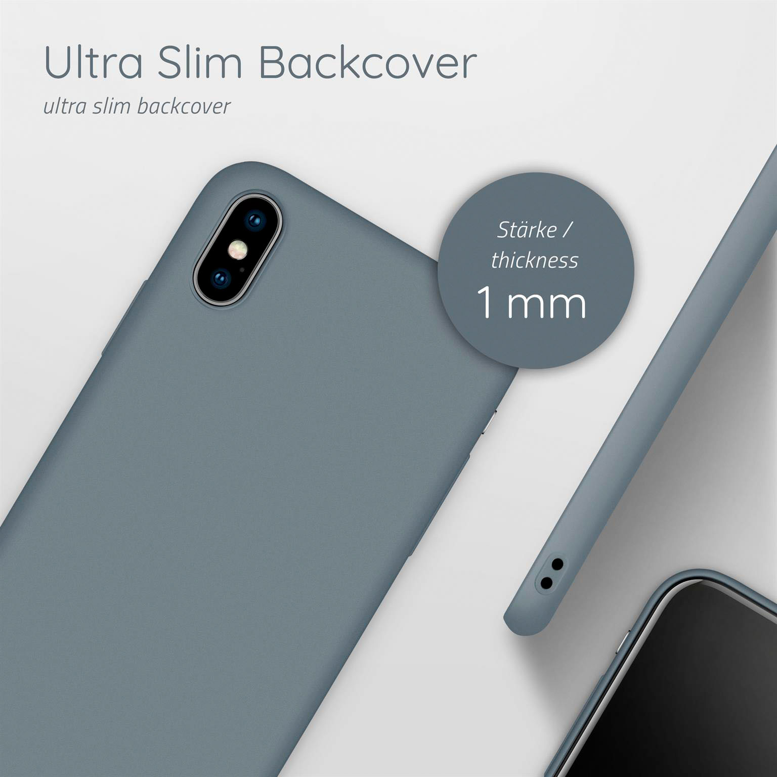 Graue Handyhülle mit Telefon und einer Dicke von 1 mm.