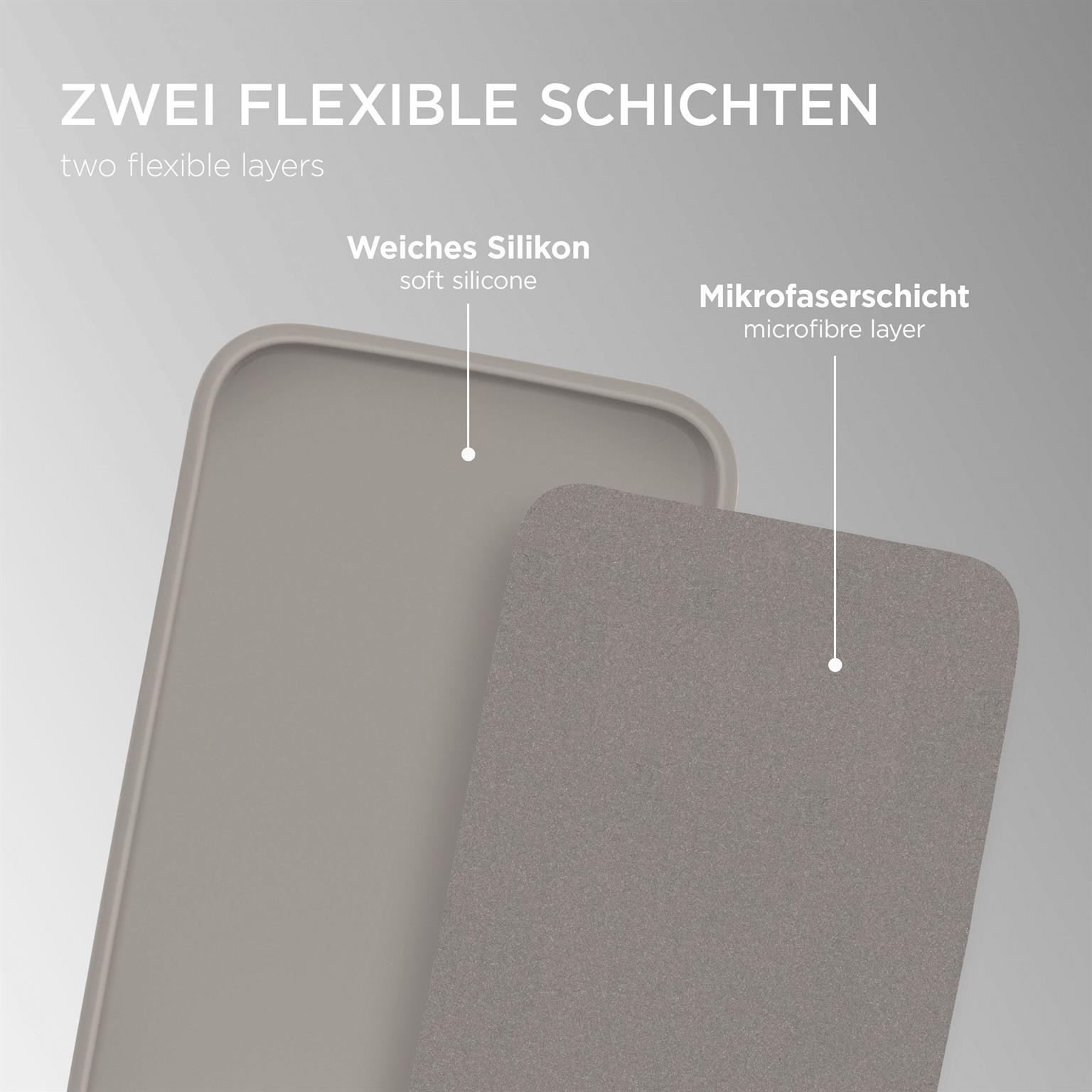 Nahaufnahme einer zweischichtigen Handyhülle. Eine Schicht ist weiches Silikon, die andere Mikrofaser. Graue Farben.