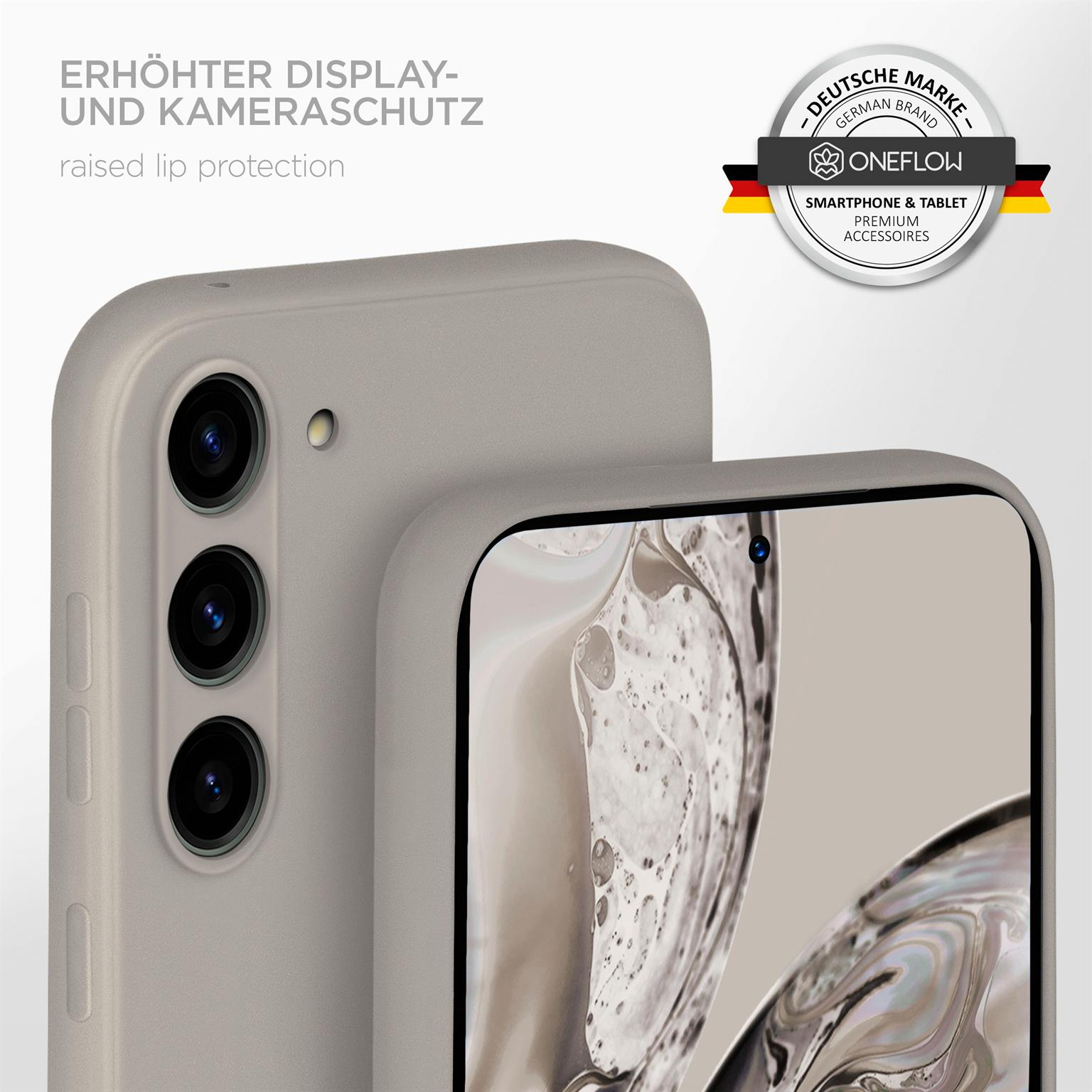 Eine Handyhülle auf einem Telefon. Der Text lautet 'erhöhter Kameraschutz'. Auf der Rückseite des Telefons befindet sich eine Kamera.