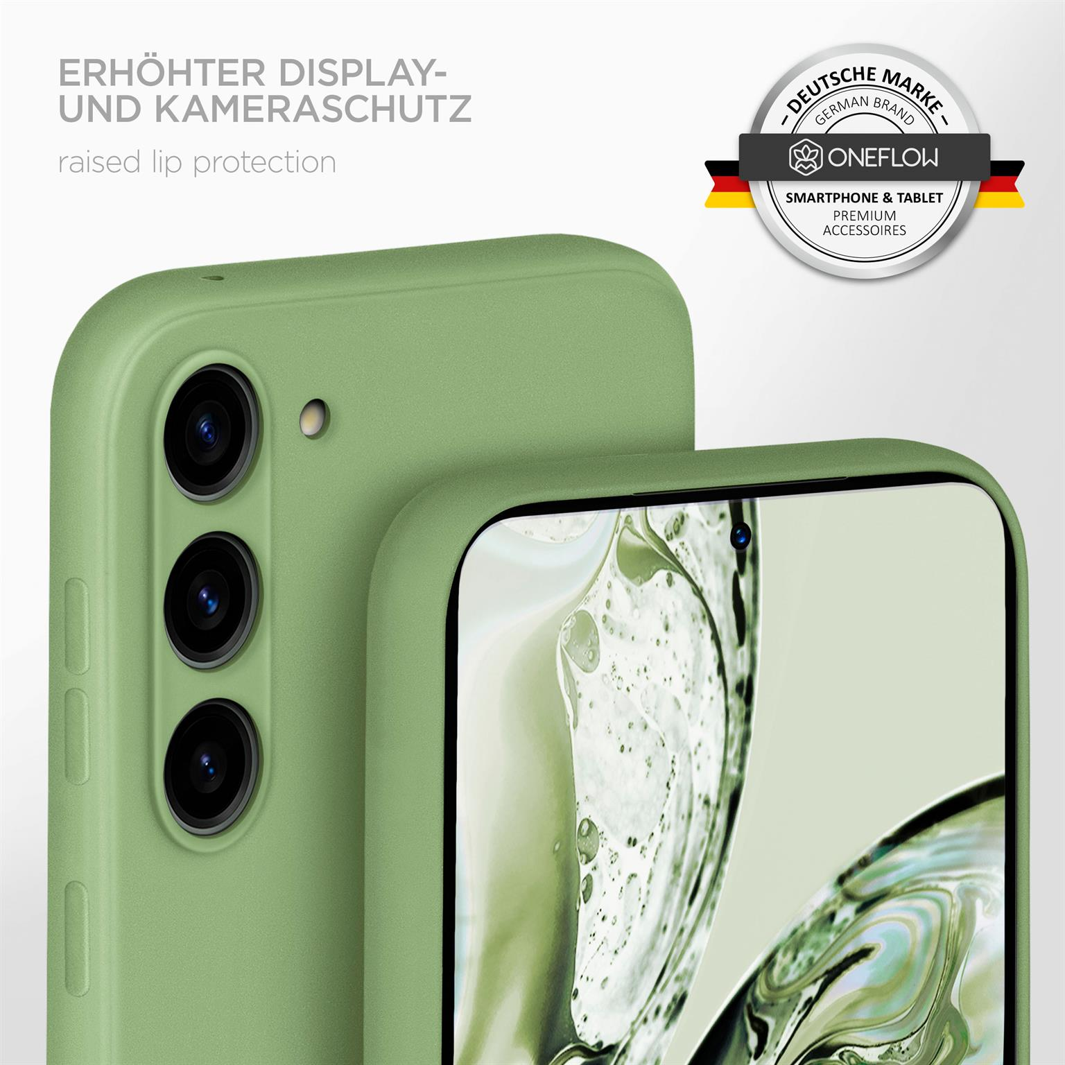 Nahaufnahme einer grünen Handyhülle mit drei Kameralinsen. Die Hülle schützt Display und Kamera.