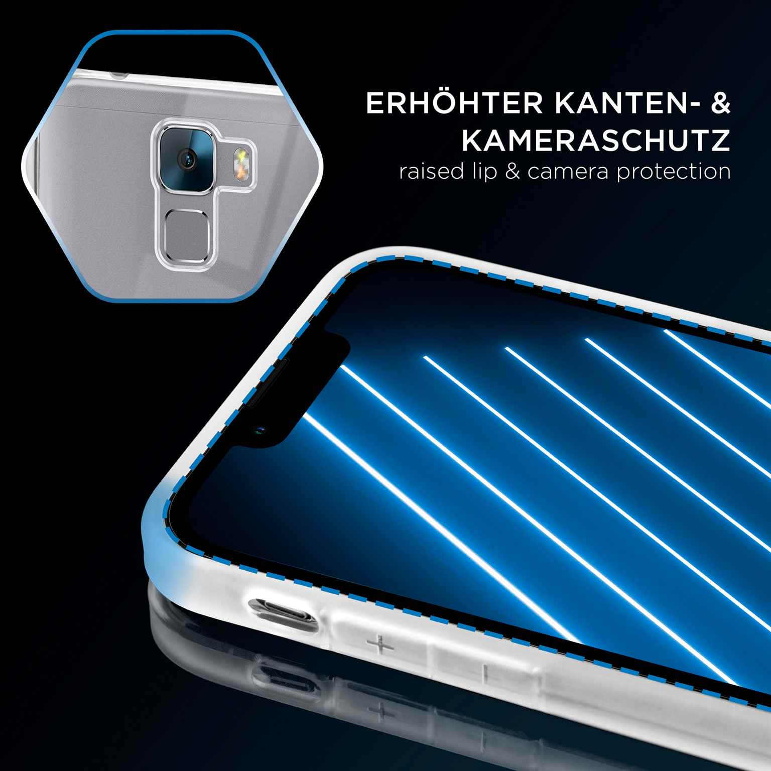 Telefon in klarer Hülle mit erhöhten Kanten. Blaue Lichtstreifen auf dem Bildschirm.