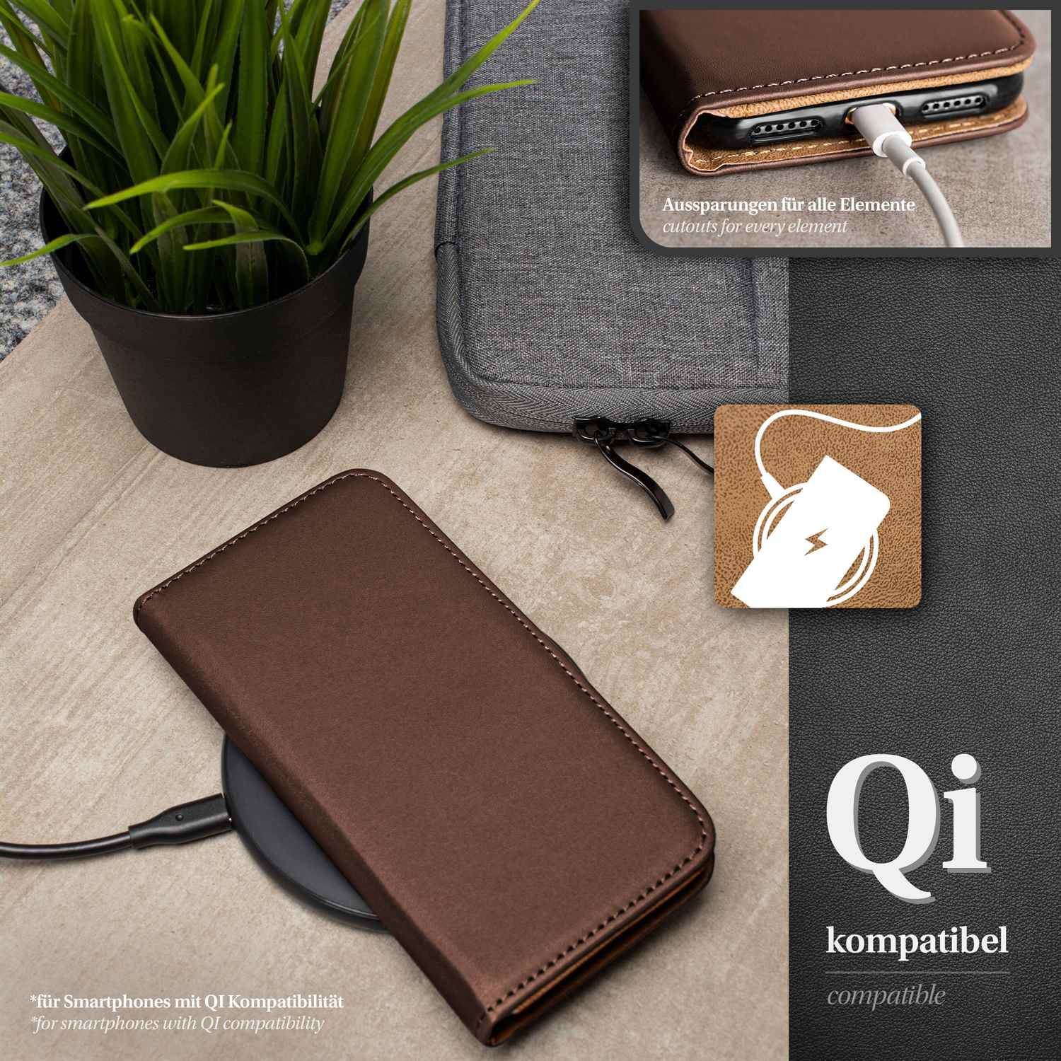 Handyhülle mit Telefon auf kabellosem Ladegerät. Grüne Pflanze und Tasche vorhanden.