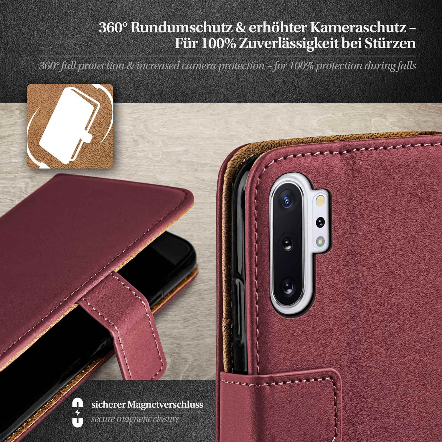 Burgunderfarbene Handyhülle mit geöffnetem Telefon. Zeigt Kamera mit 360° Schutz.