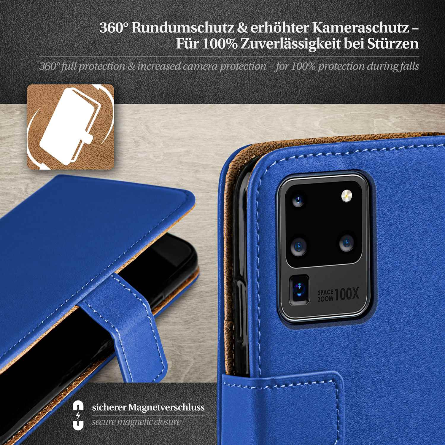 Blaue Handyhülle mit Kameraausschnitt, geöffnet, um das Telefon zu zeigen. Die Hülle hat einen Magnetverschluss.
