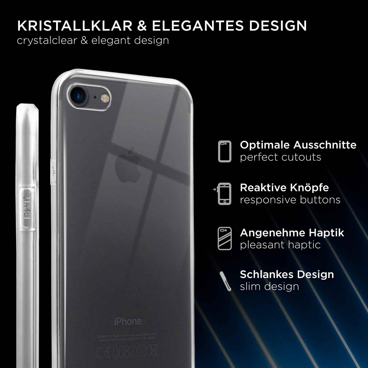 Eine transparente Handyhülle. Text hebt Ausschnitte, Knöpfe, angenehme Haptik und schlankes Design hervor.