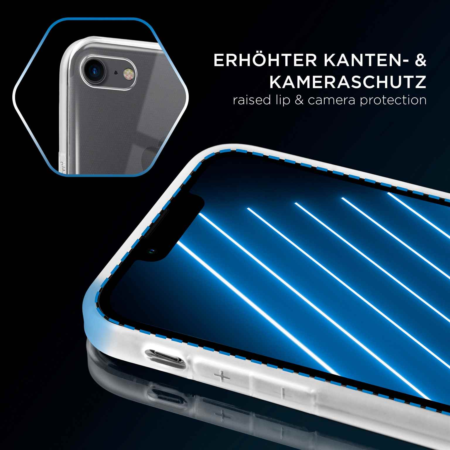 Transparente Handyhülle mit erhöhtem Lippenschutz. Telefonbildschirm mit blauen Linien. Hexagon-Detail.