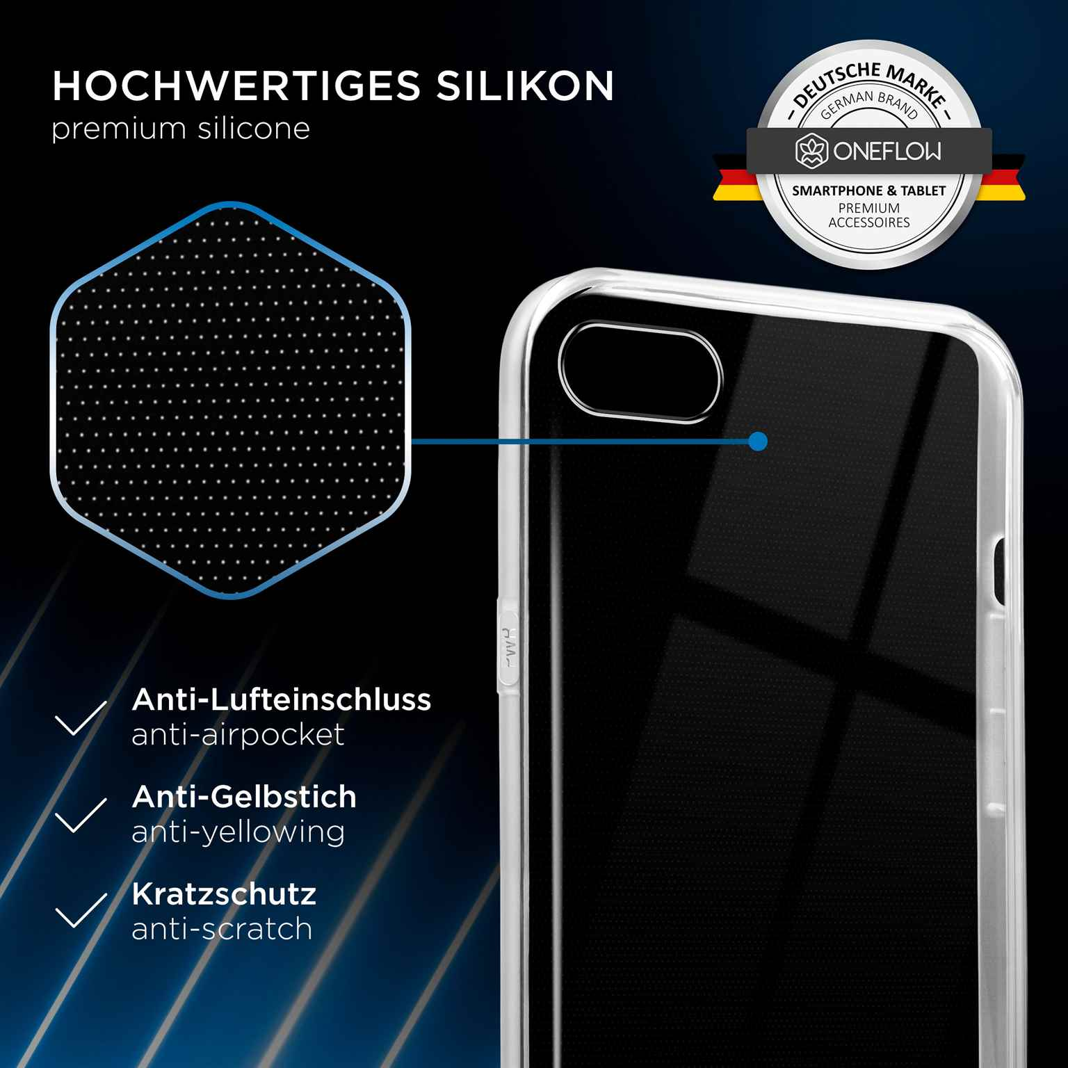 Transparente Handyhülle mit Anti-Kratz-, Anti-Luftblasen- und Anti-Vergilbungs-Eigenschaften. Deutsches Markenlogo.