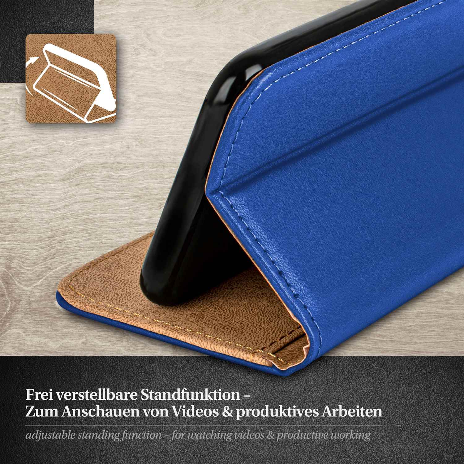 Blaue Leder-Handyhülle mit verstellbarer Standfunktion, Telefon innen.