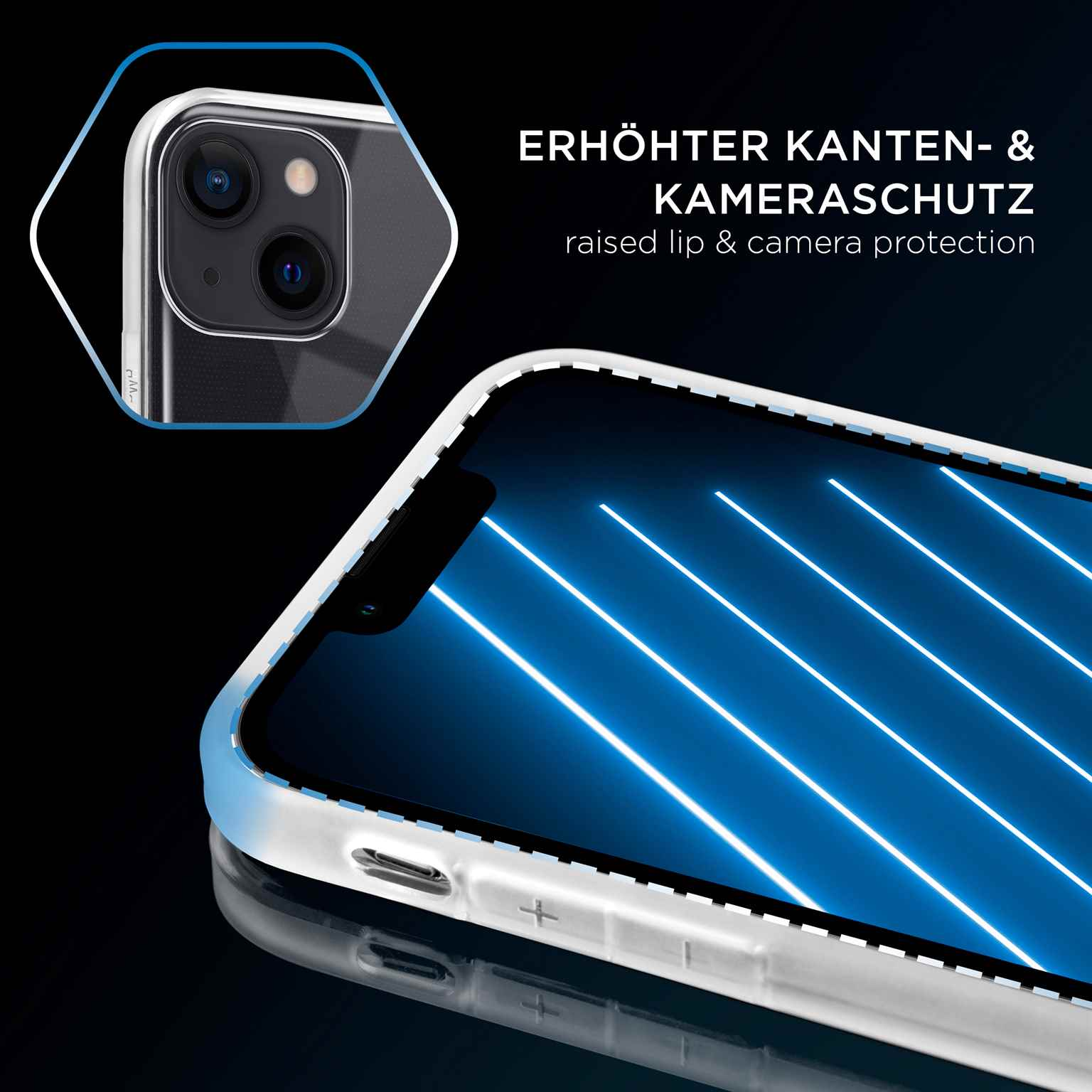 Nahaufnahme eines Telefons in einer Hülle, eine Handyhülle mit Kamera- und Lippen-Schutz.