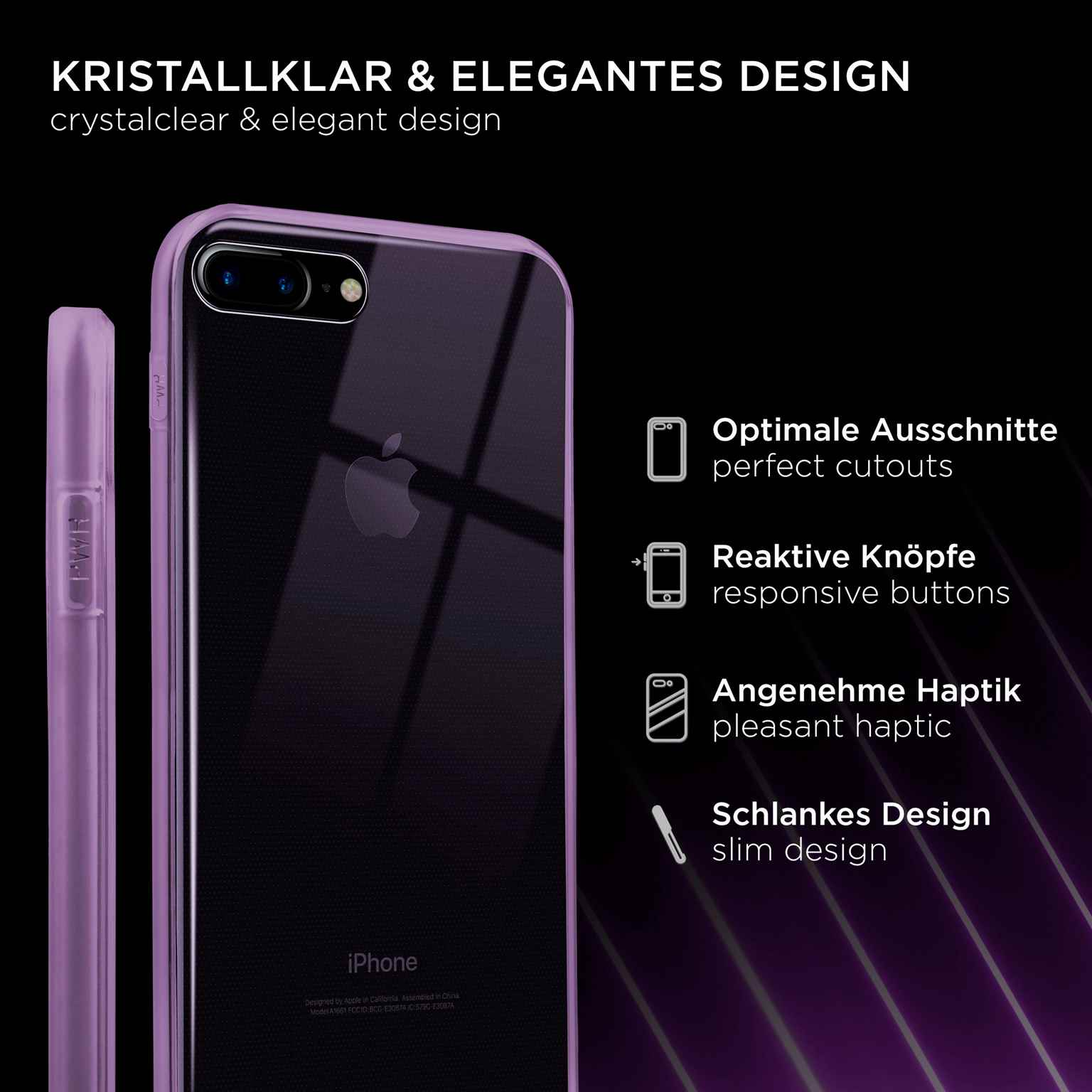 Lila Handyhülle mit iPhone. Merkmale: perfekte Ausschnitte, reaktionsschnelle Tasten, angenehme Haptik, schlankes Design.