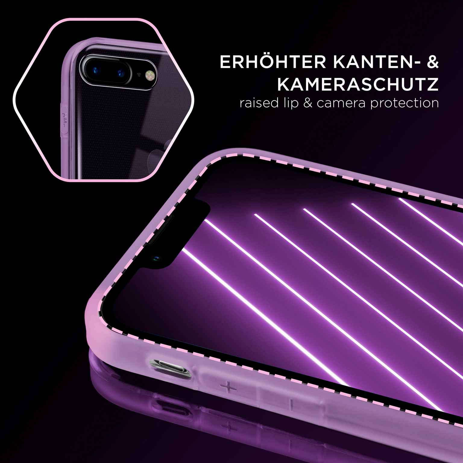 Ein Telefon mit lila Bildschirm und eine Handyhülle mit erhöhten Kanten. Die Hülle schützt Display und Kamera.
